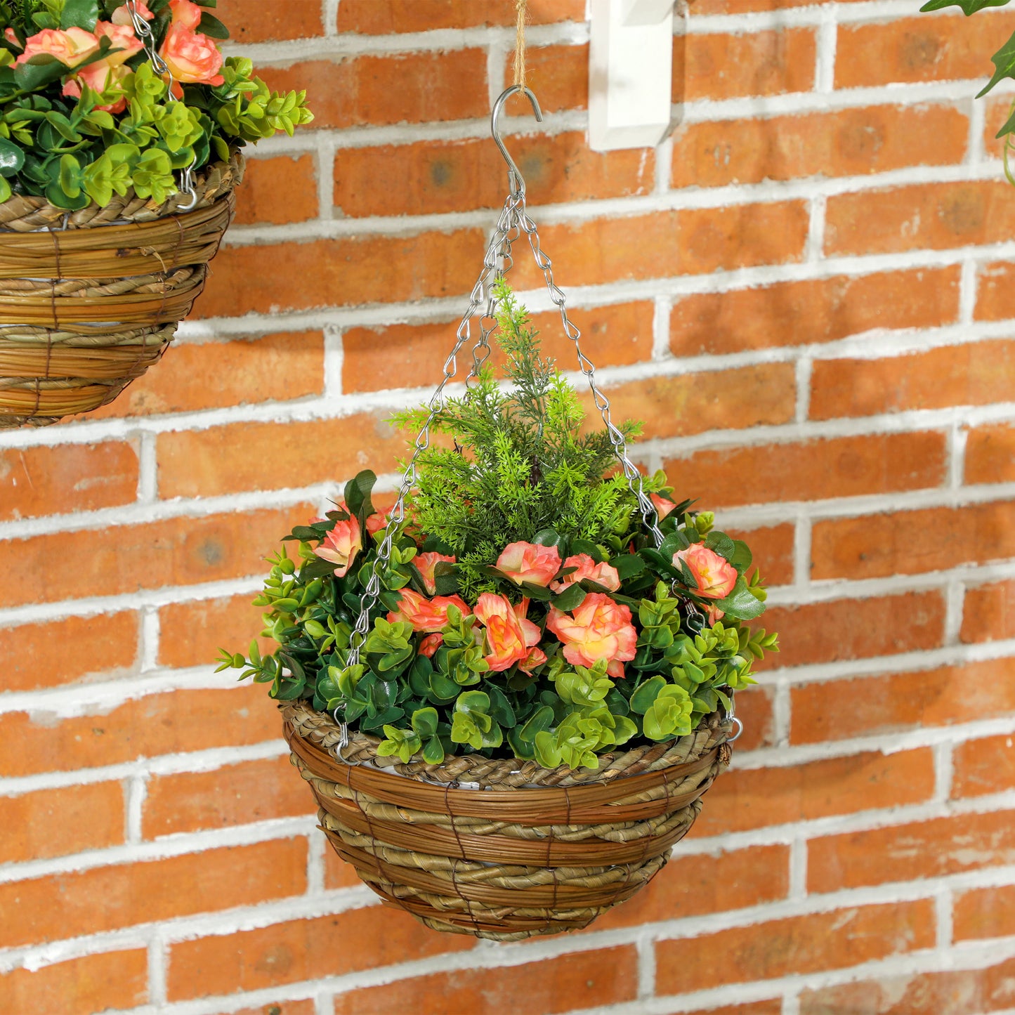 Outsunny Hanging Lisianthus Flower Pots Set Of Two In Orange And Green Made From Plastic Realistic Artificial Flowers