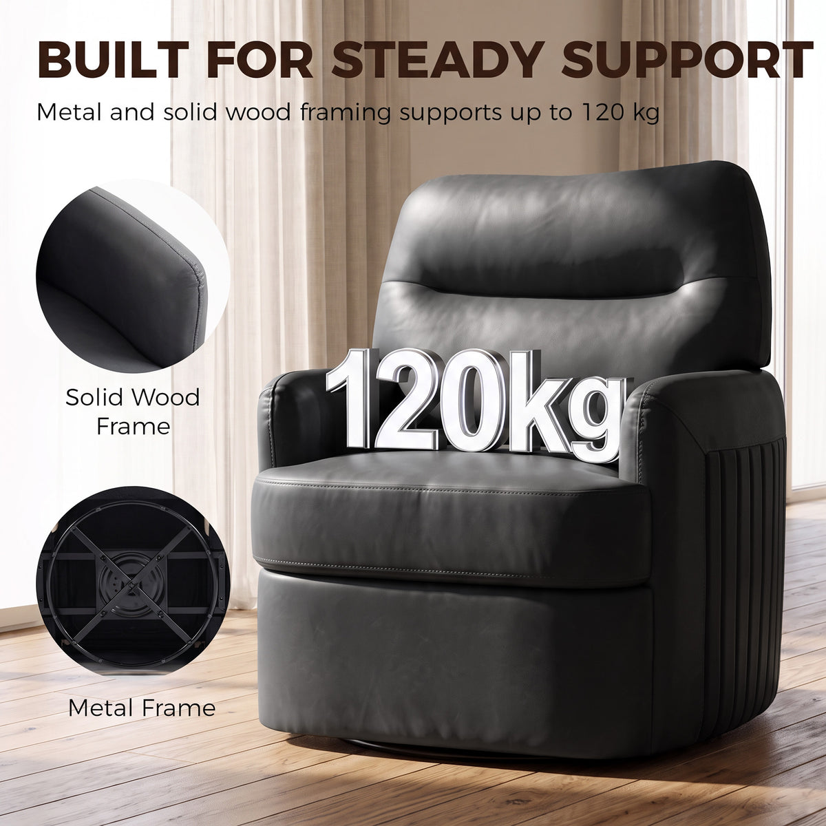 Dark grey PU leather swivel accent chair with rounded arms and thick seat