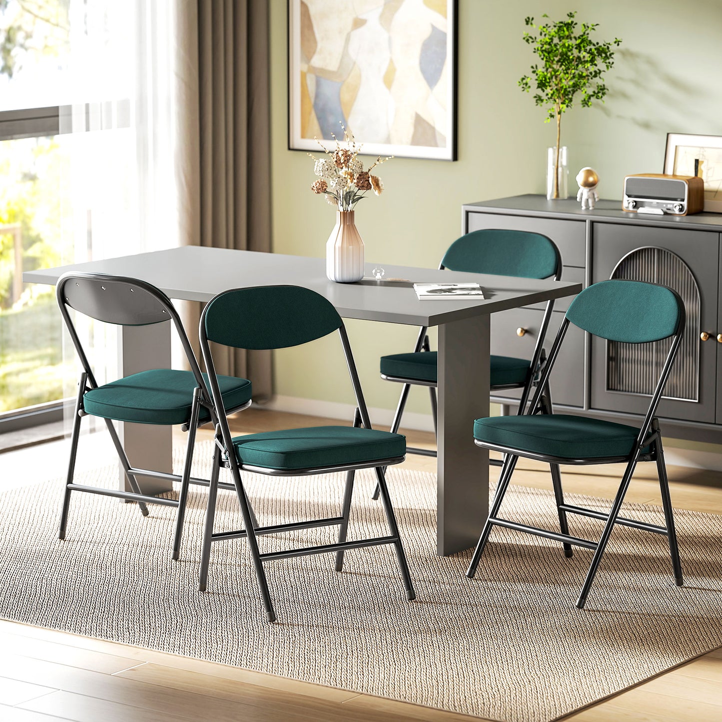HOMCOM Set Of Four Folding Corduroy Seat Chairs Teal Durable Steel Frame For Indoor And Outdoor Use