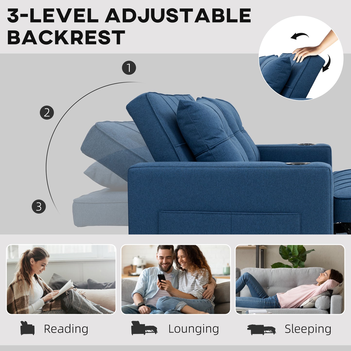 HOMCOM Two Seater Pull Out Sofa Bed In Dark Blue With Lounger And Sofa Bed Function 157 By 190 Centimeters