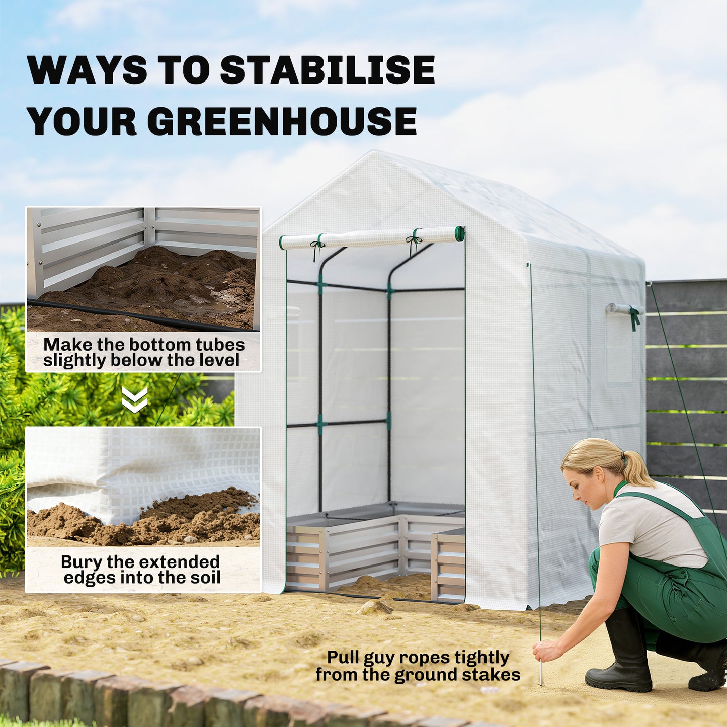 Outsunny Small Greenhouse With Raised Garden Bed Walk In Galvanised Steel Frame Roll Up Windows 141 X 141 X 190 cm White