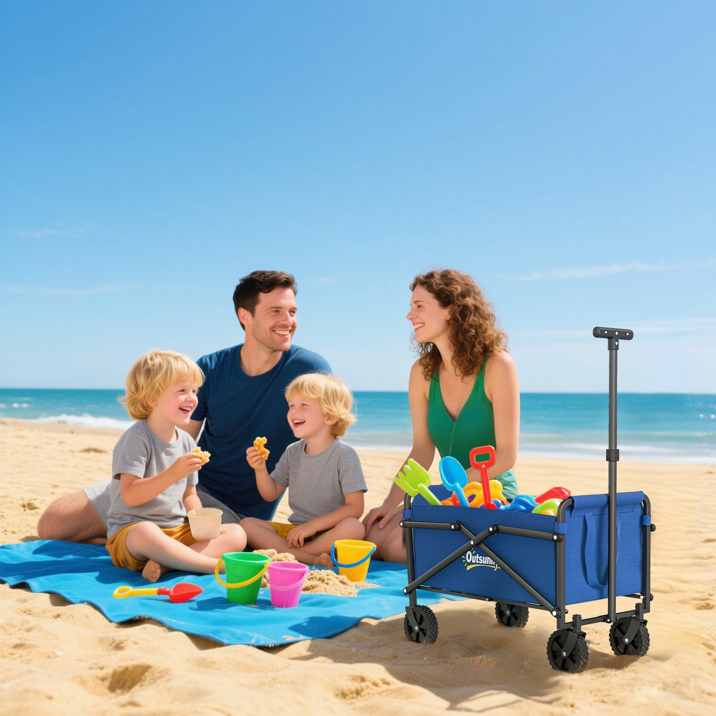 Outsunny 41L Festival Trolley On Wheels 60Kg Heavy Duty Collapsible Wagon With Adjustable Handle And Carry Bag Blue