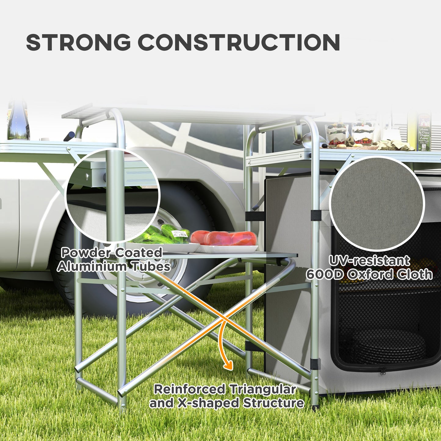 Outsunny All-in-One Portable Camping Kitchen with Aluminium Folding Table, Windshield & Light Stand - Includes Carry Bag - ALL4U RETAILER LTD