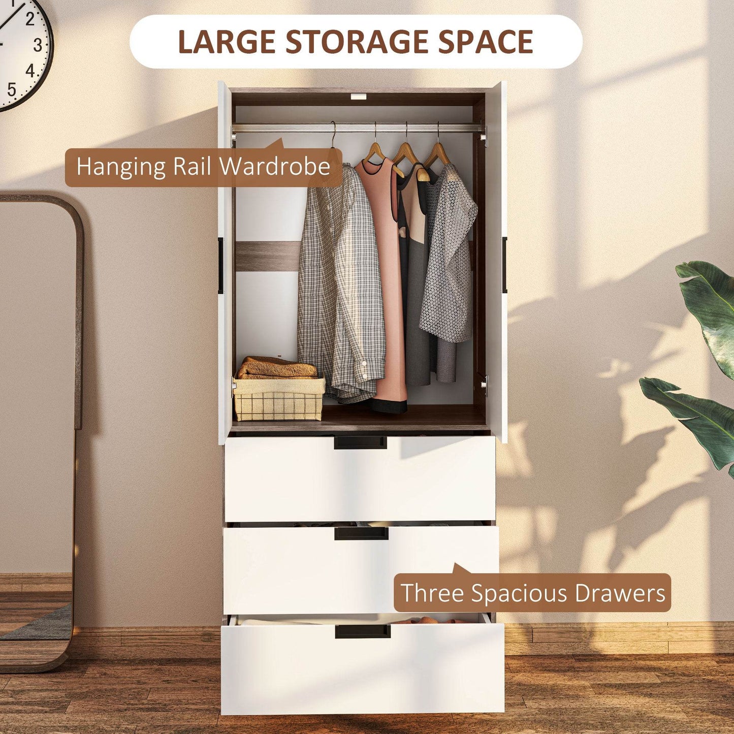 Modern Brown and White 2-Door Wardrobe with 3 Drawers and Hanging Rod for Stylish Bedrooms - ALL4U RETAILER LTD