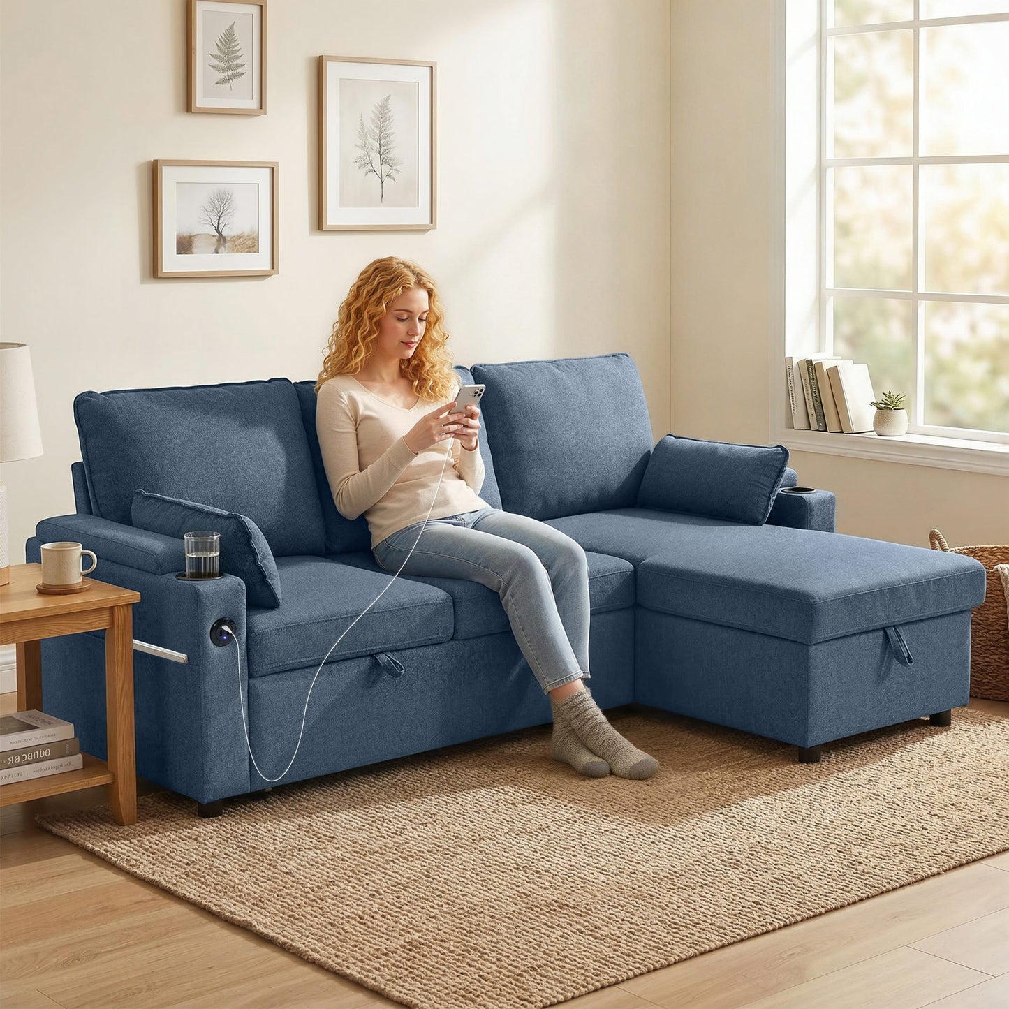 HOMCOM Corner Sofa Bed L Shaped Sleeper Sectional Sofa With Reversible Storage Chaise Blue
