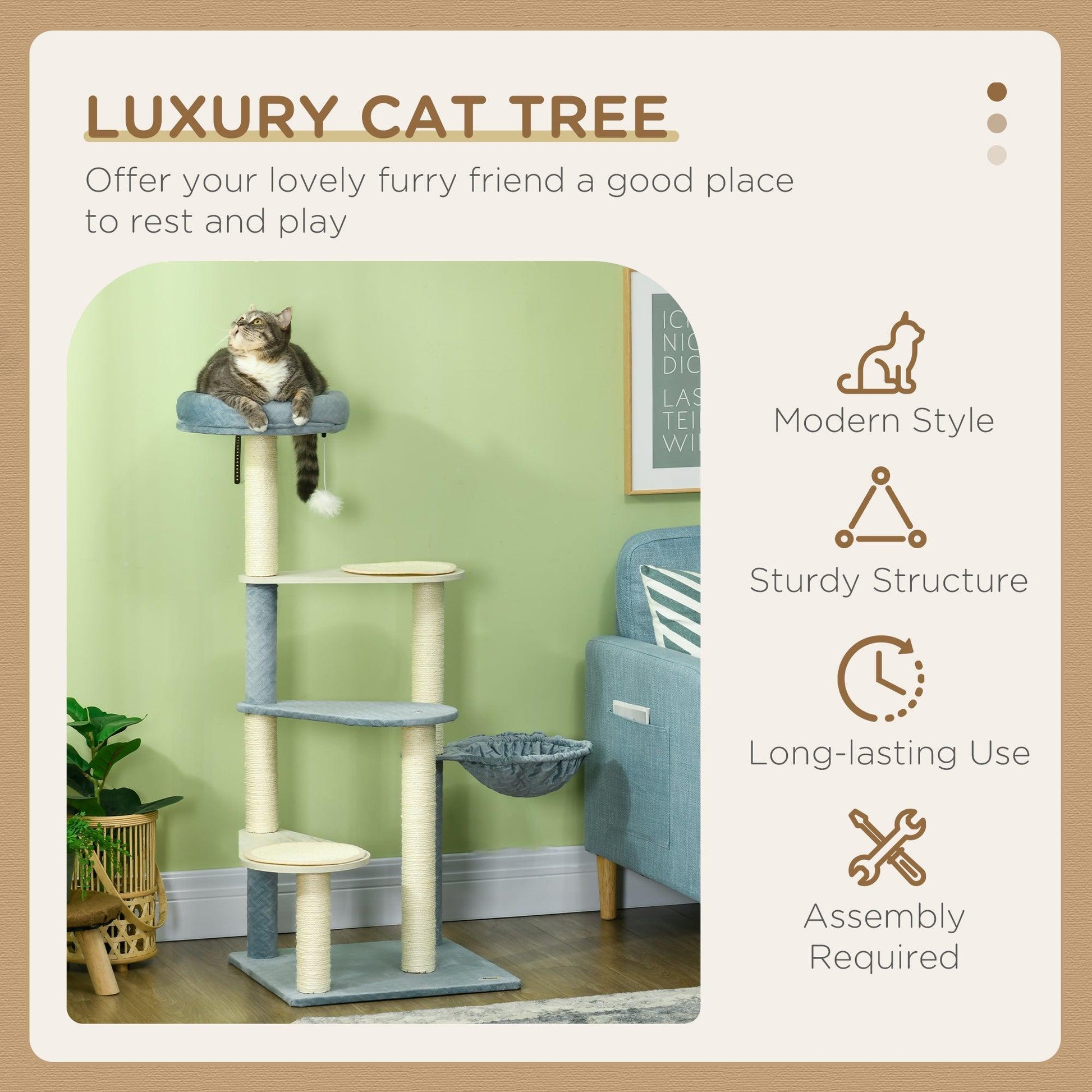 PawHut Wooden Cat Tree Climbing Tower with Scratching Post Hammock - Blue - ALL4U RETAILER LTD