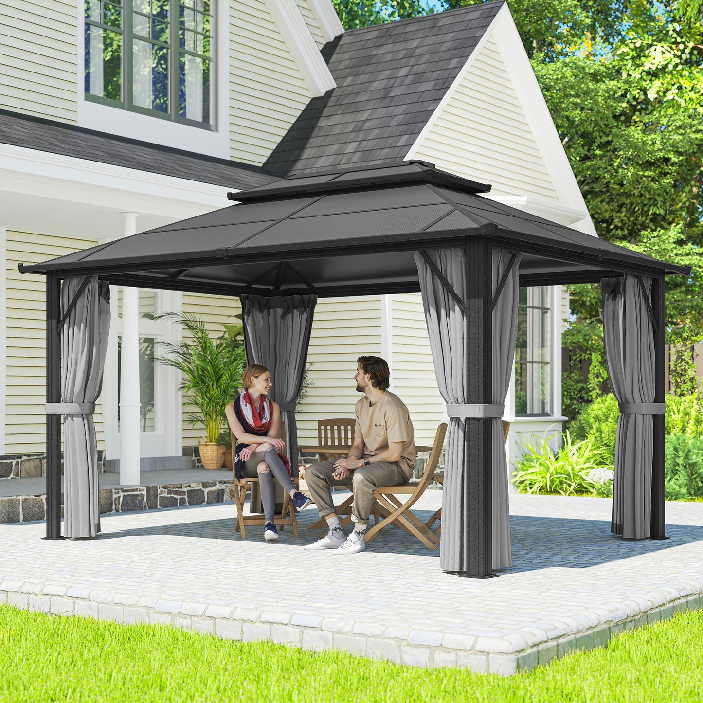 Outsunny 3x4m Hardtop Gazebo UPF30 Double Polycarbonate Roof Aluminum Frame Mosquito Netting Curtains Grey