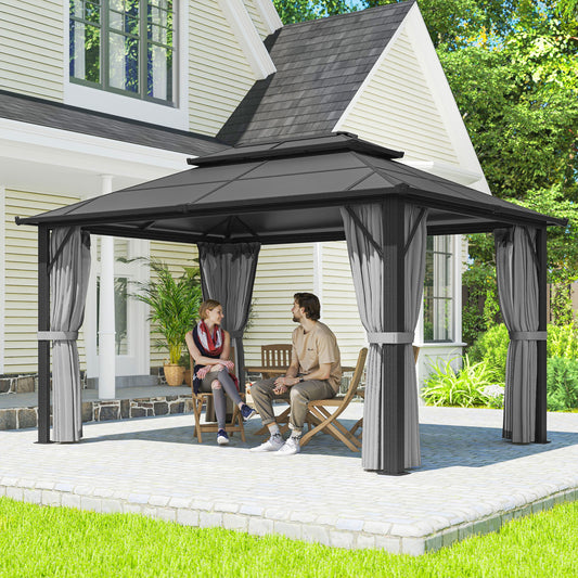 Outsunny 3x4m Hardtop Gazebo UPF30 Double Polycarbonate Roof Aluminum Frame Mosquito Netting Curtains Grey