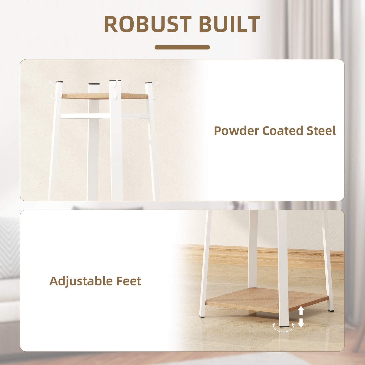 HOMCOM Compact Freestanding Coat Rack White Oak Finish With Eight Double Hooks And Three Shelves For Corner Spaces