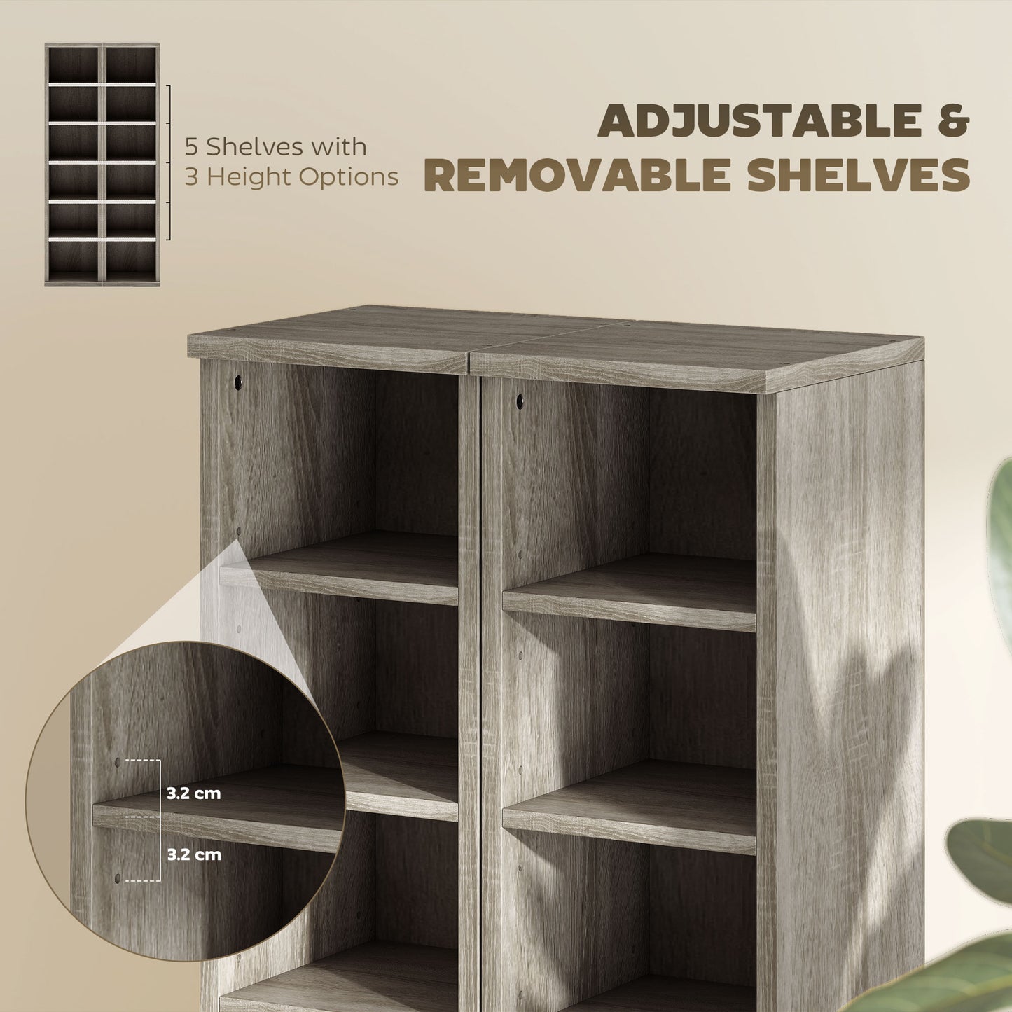 HOMCOM Set Of 2 Distressed Grey CD Media Display Shelves With Adjustable Shelves And Six Compartments Tower Rack