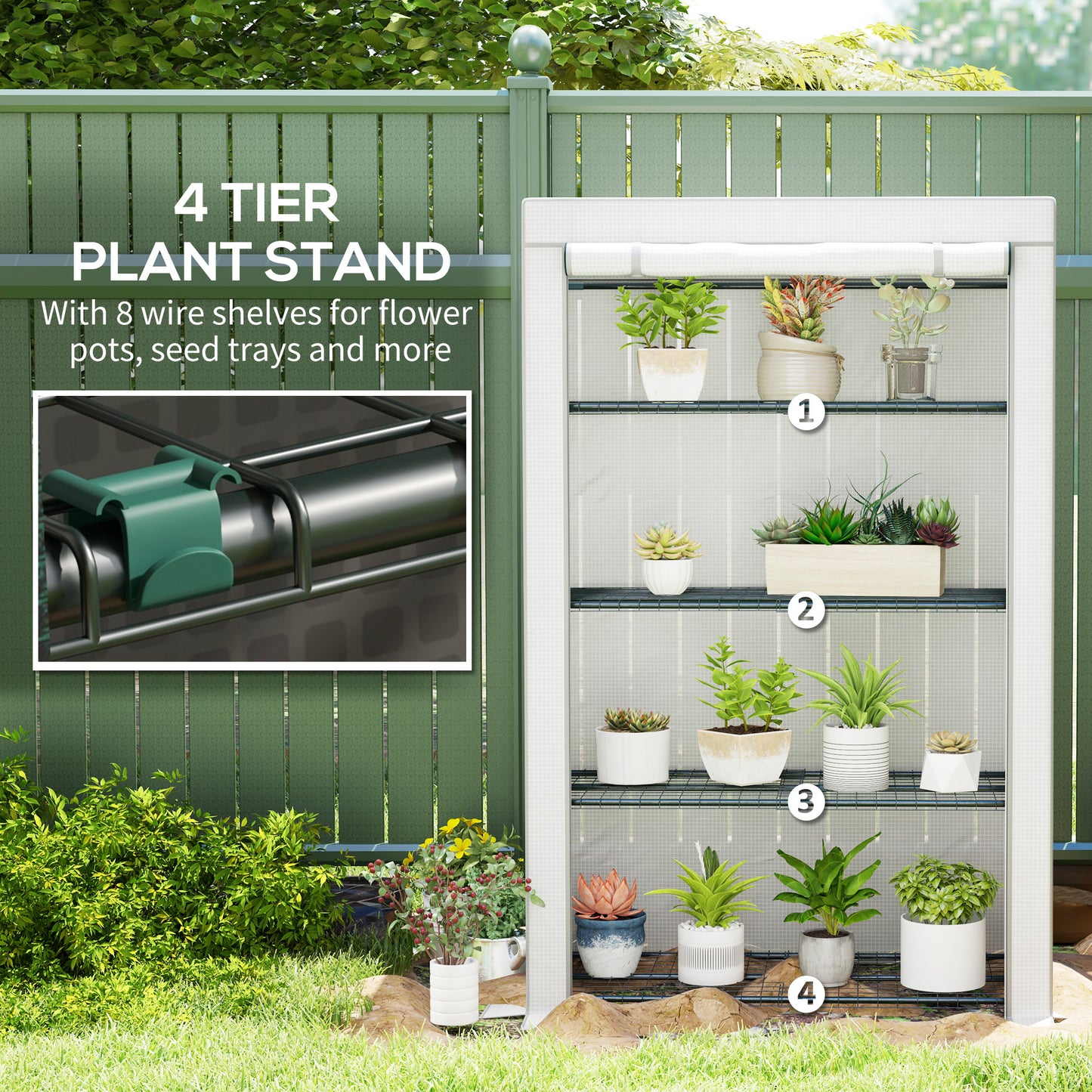 Outsunny Four Tier Mini Greenhouse Grey White with 140 g per m2 Plastic Cover and Roll Up Zipped Door