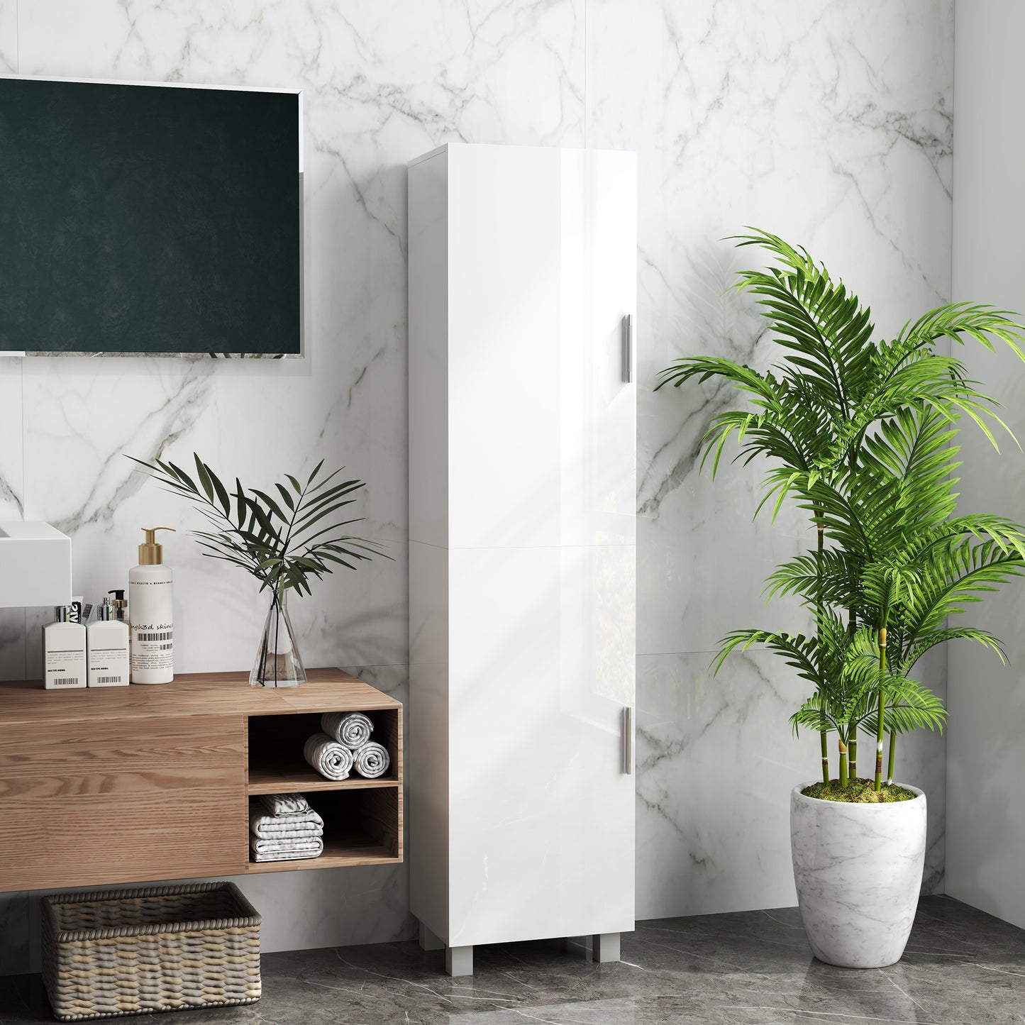HOMCOM Tall Freestanding White High Gloss Bathroom Cabinet With Adjustable Shelves And Double Doors