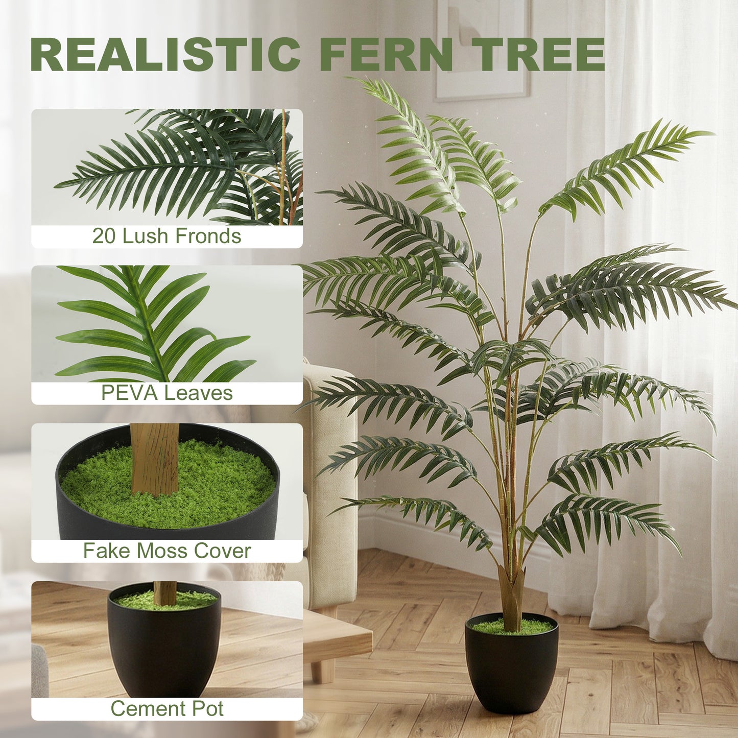 Homcom 120cm Tall Artificial Fern Topiary Tree In Cement Pot Realistic Faux Plant For Home Office Decor