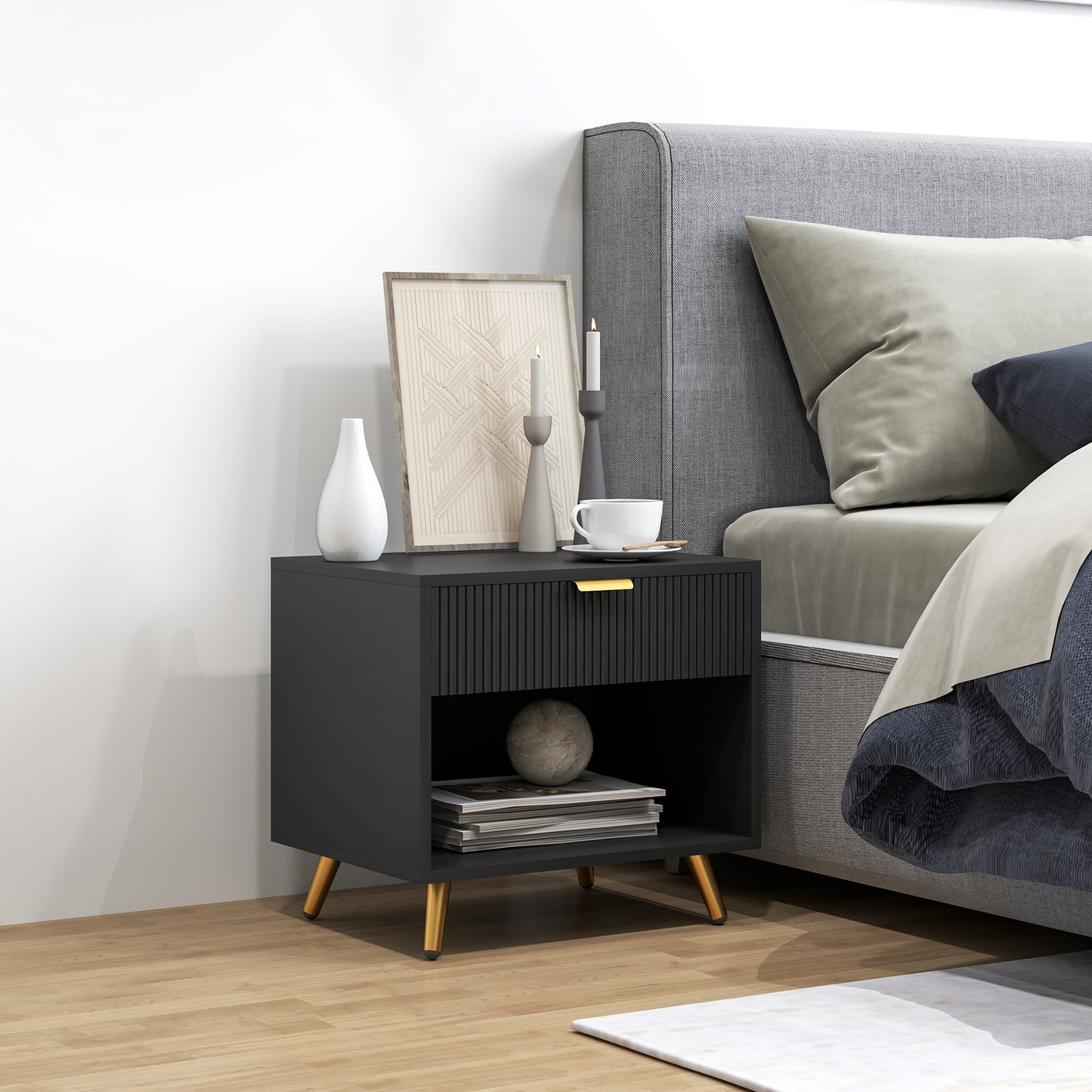 HOMCOM Elegant Bedside Table With Drawer And Shelf In Black And Gold Tone Nightstand