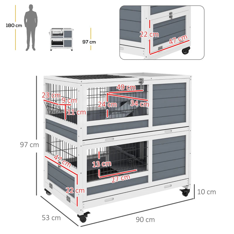 PawHut Grey Double Decker Guinea Pig Cage - Indoor Rabbit Hutch with Feeding Trough, Trays, Ramps, and Openable Top - ALL4U RETAILER LTD