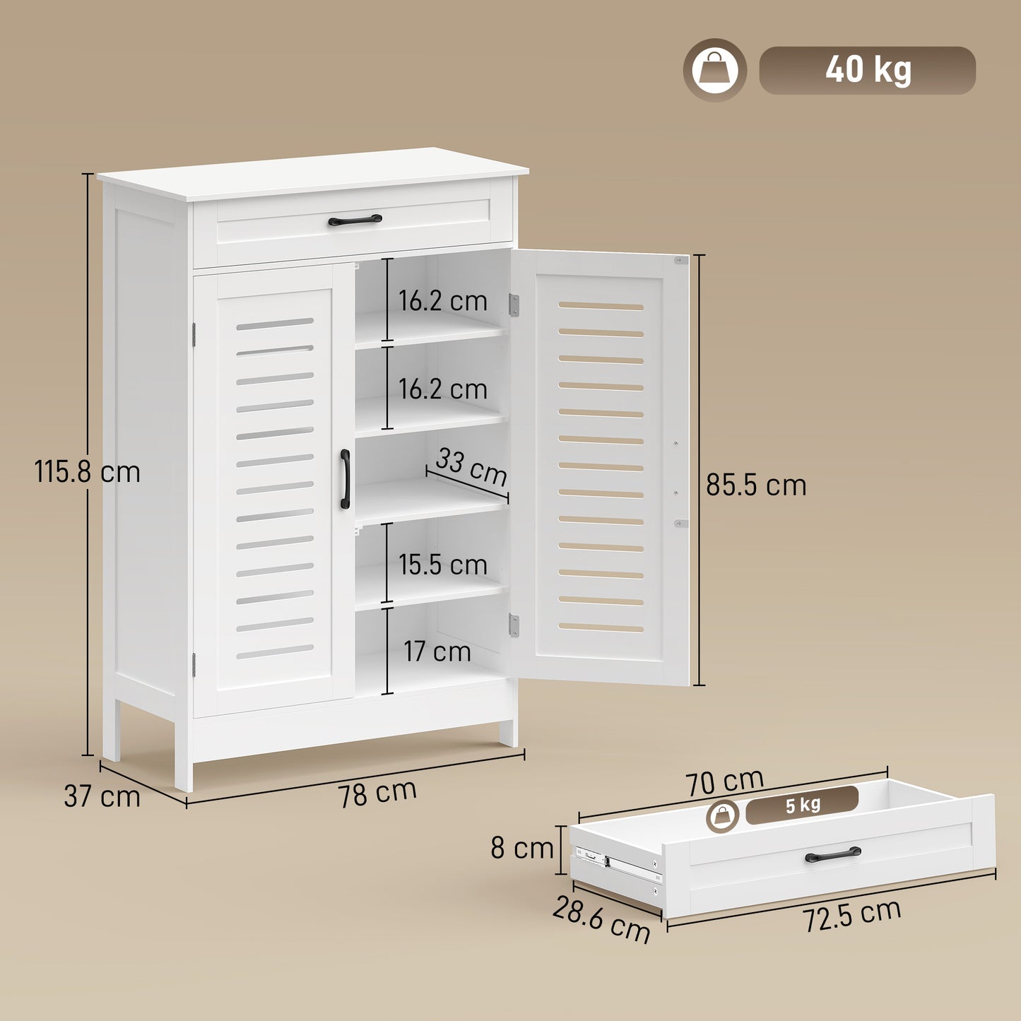 HOMCOM White Shoe Cabinet With Louvered Doors And Adjustable Shelves Modern Storage With Drawer