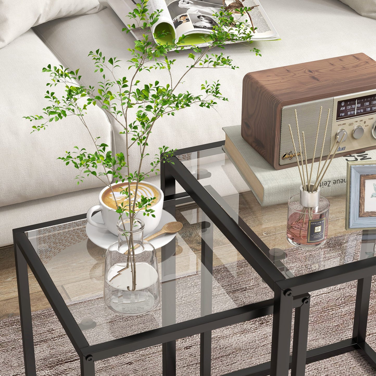 HOMCOM Nesting Tables Set of 2 With Tempered Glass Tops and Steel Frame Space Saving End Tables for Living Room Black