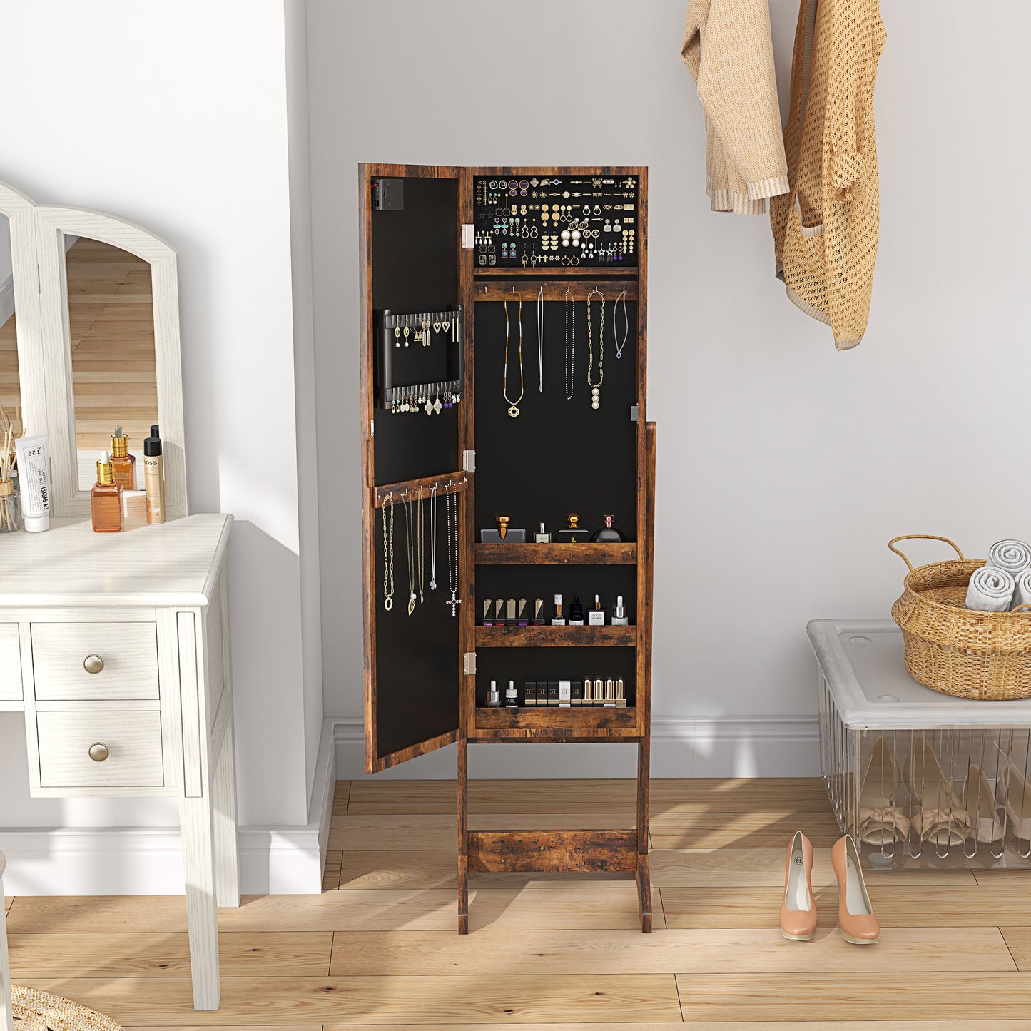 HOMCOM Freestanding Mirrored Jewellery Storage Cabinet Wood Effect With Longline Mirror And 16 LED Lights