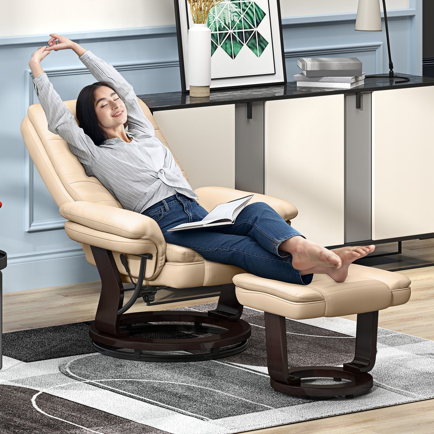 HOMCOM Faux Leather 135 Degree Reclining Chair and Footstool Beige Lounge Set for Ultimate Relaxation