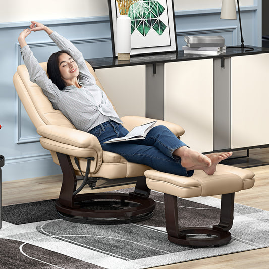 HOMCOM Faux Leather 135 Degree Reclining Chair and Footstool Beige Lounge Set for Ultimate Relaxation