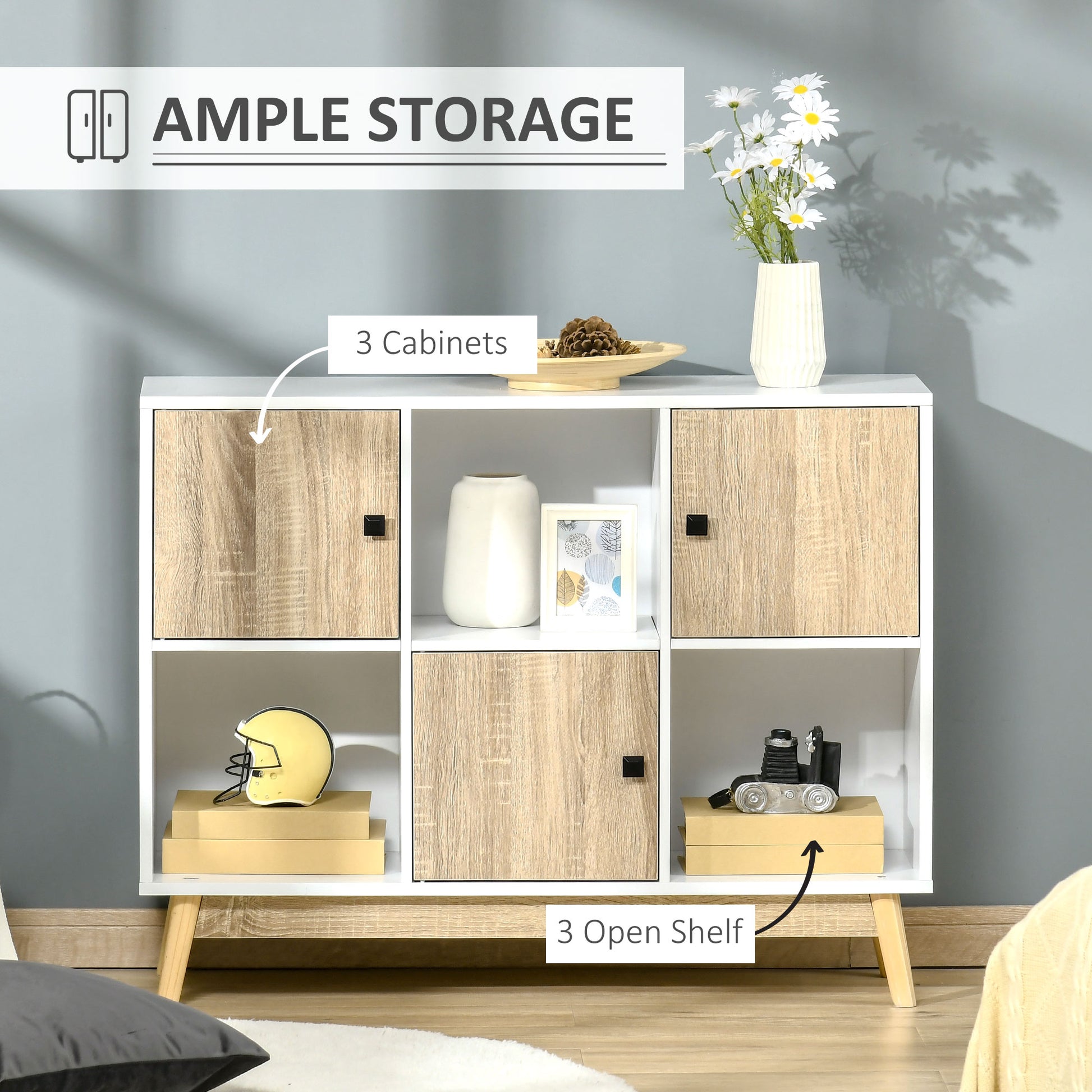 HOMCOM Natural Finish Multi-Functional Storage Cabinet with 6 Cubes & Doors for Living Spaces - ALL4U RETAILER LTD