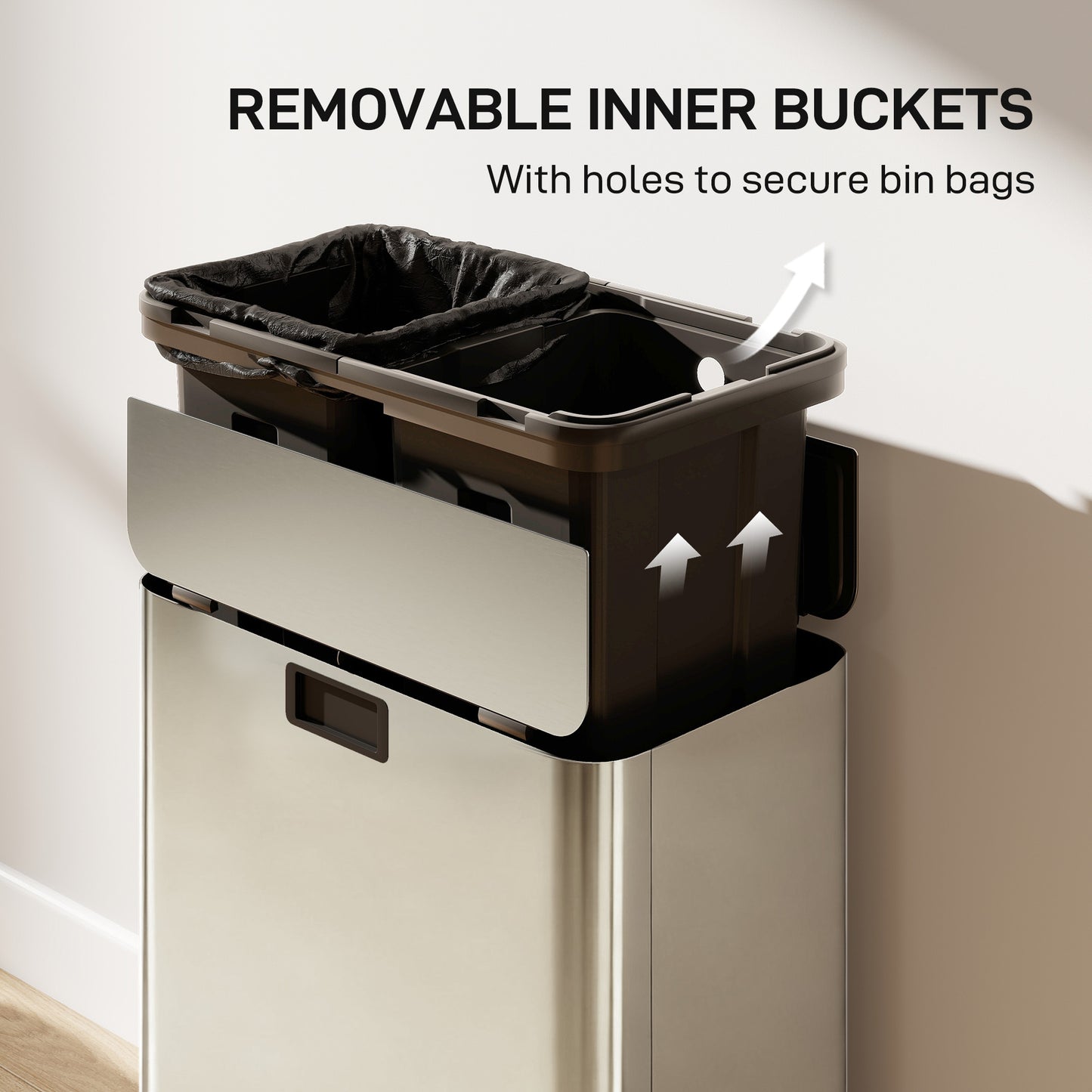 HOMCOM Dual Kitchen Bin With Soft Close Butterfly Lid 2 x 28L Stainless Steel Pedal Bins Fingerprint Proof Silver Tone