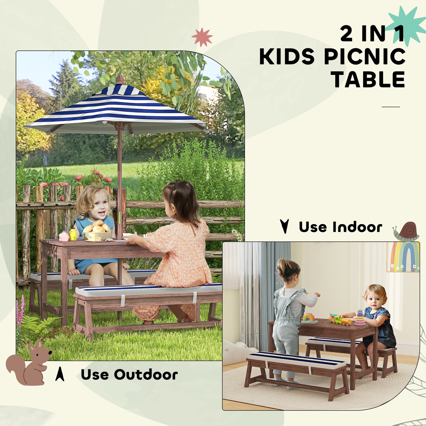 AIYAPLAY Outdoor Wooden Kids Picnic Table Bench Set With Cushions And Umbrella Navy Blue For Patio Garden Seats Four