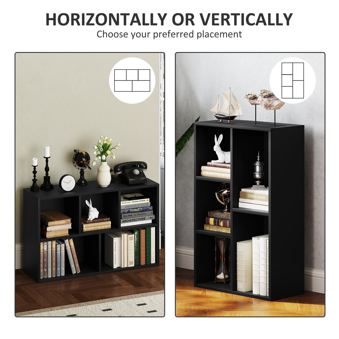 HOMCOM Two Tier Bookshelf With Five Open Storage Cubes Black Finish Modern Compact Floor Standing Unit