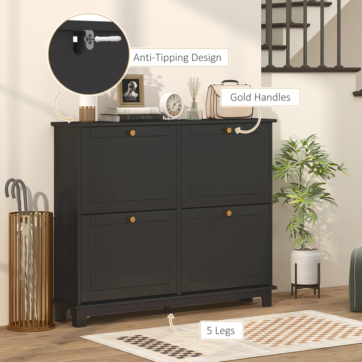 HOMCOM Slim Narrow Shoe Storage Cabinet With Four Flip Drawers And Adjustable Shelves Holds 16 Pairs Of Shoes Black