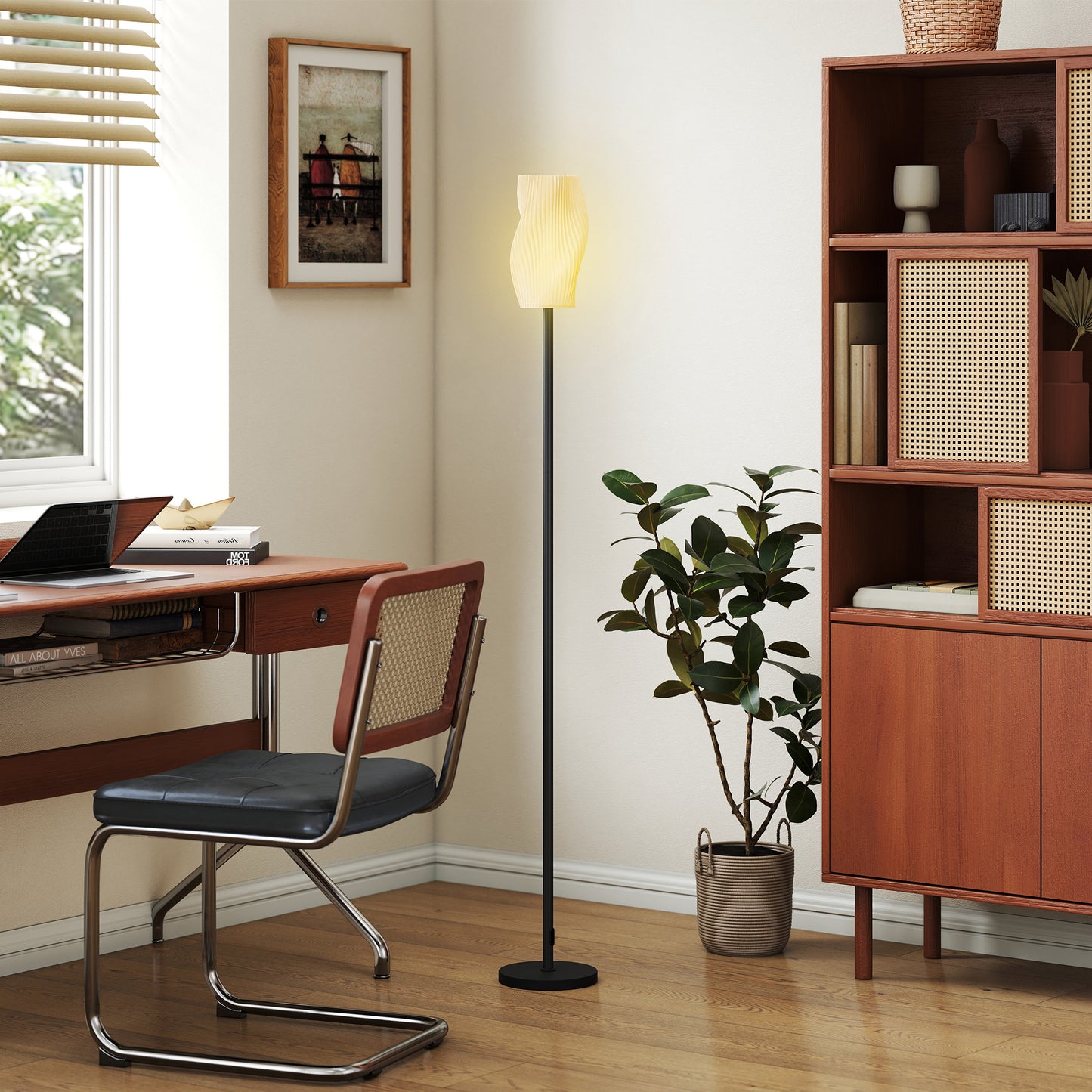 HOMCOM 3D Printed Floor Lamp With Flowing Curved Shade And Foot Switch Minimalist Tall Pole E27 Holder 25W Max White