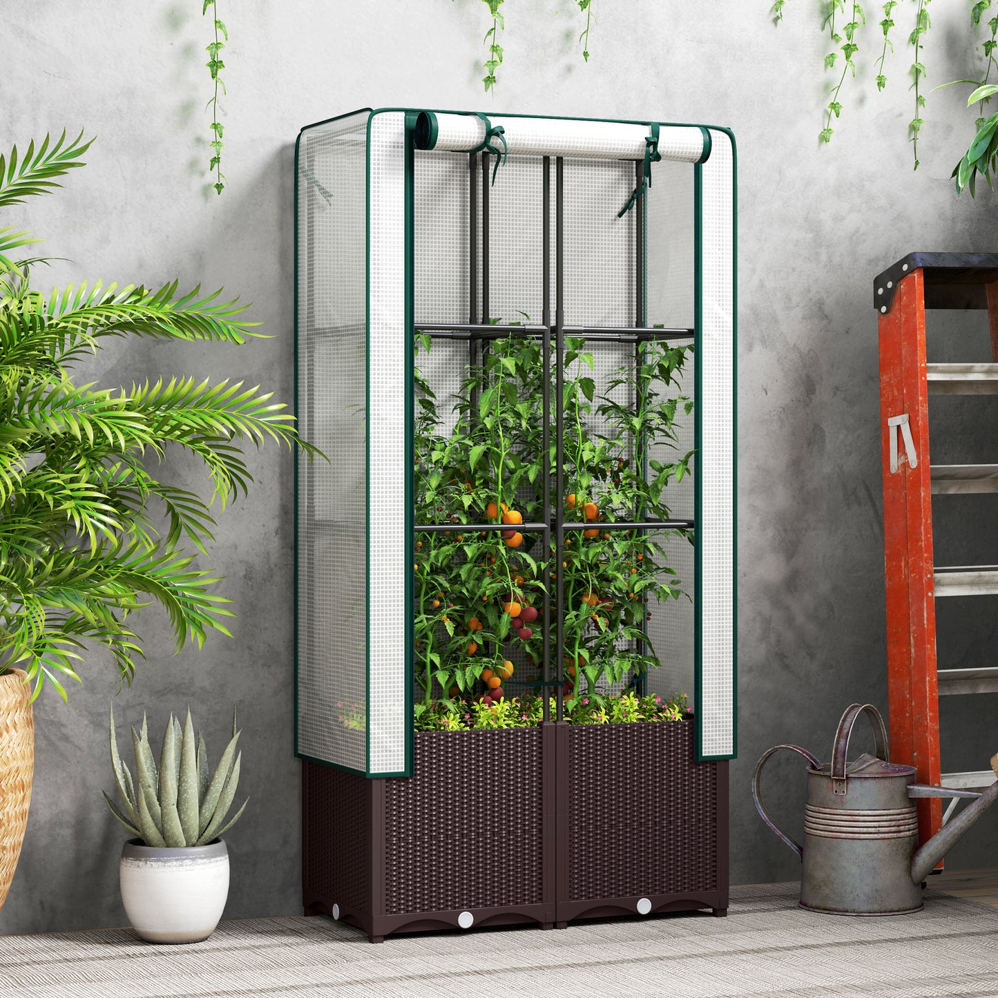 Outsunny Raised Garden Bed With Trellis Plastic Planter Box PE Cover 80 X 40 X 140 cm For Climbing Plants Flowers
