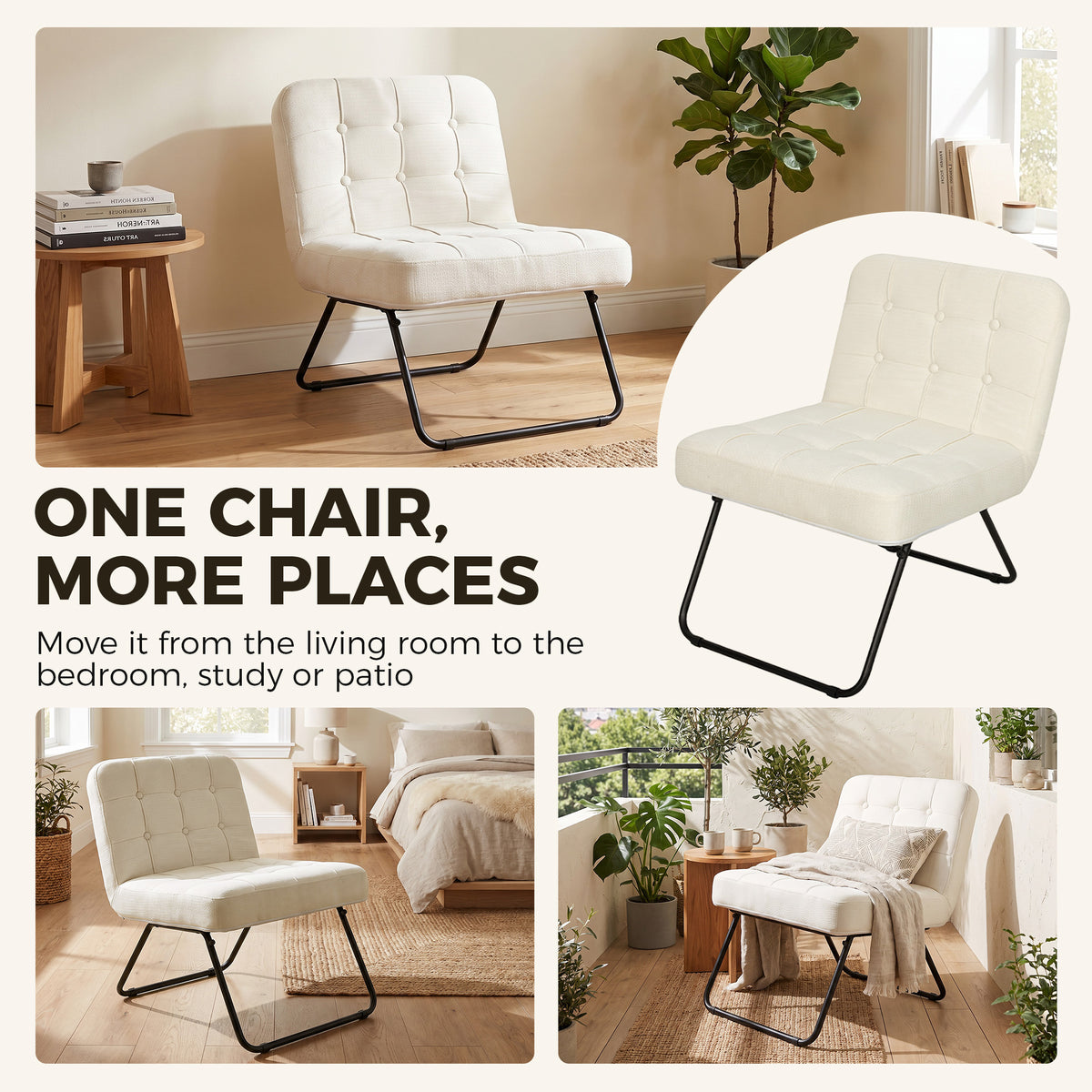 Cream chenille lounge chair with tufted back, black sled-style metal legs, foldable base.