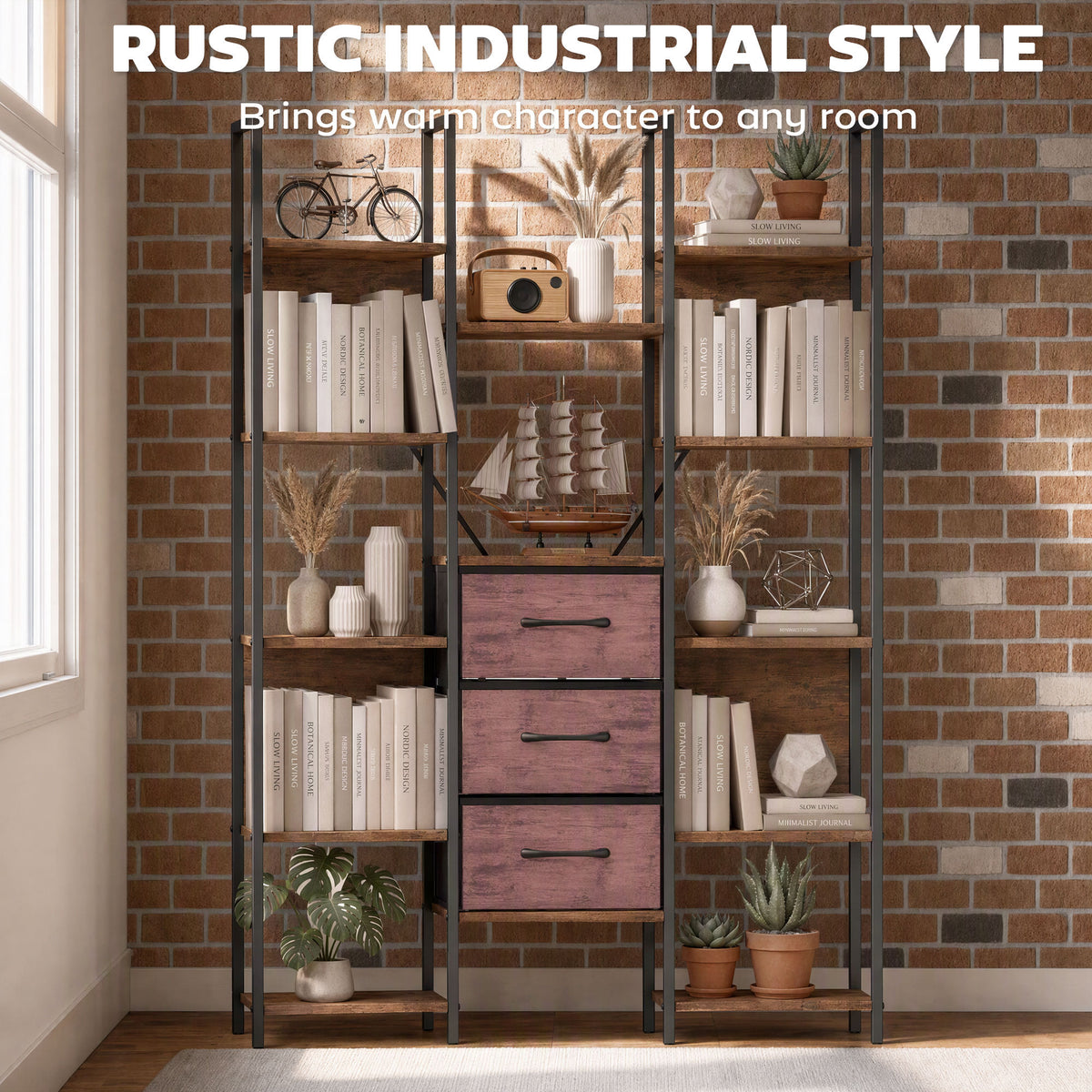 Homcom 5 Tier Bookshelf With Drawers And Open Shelves Brown