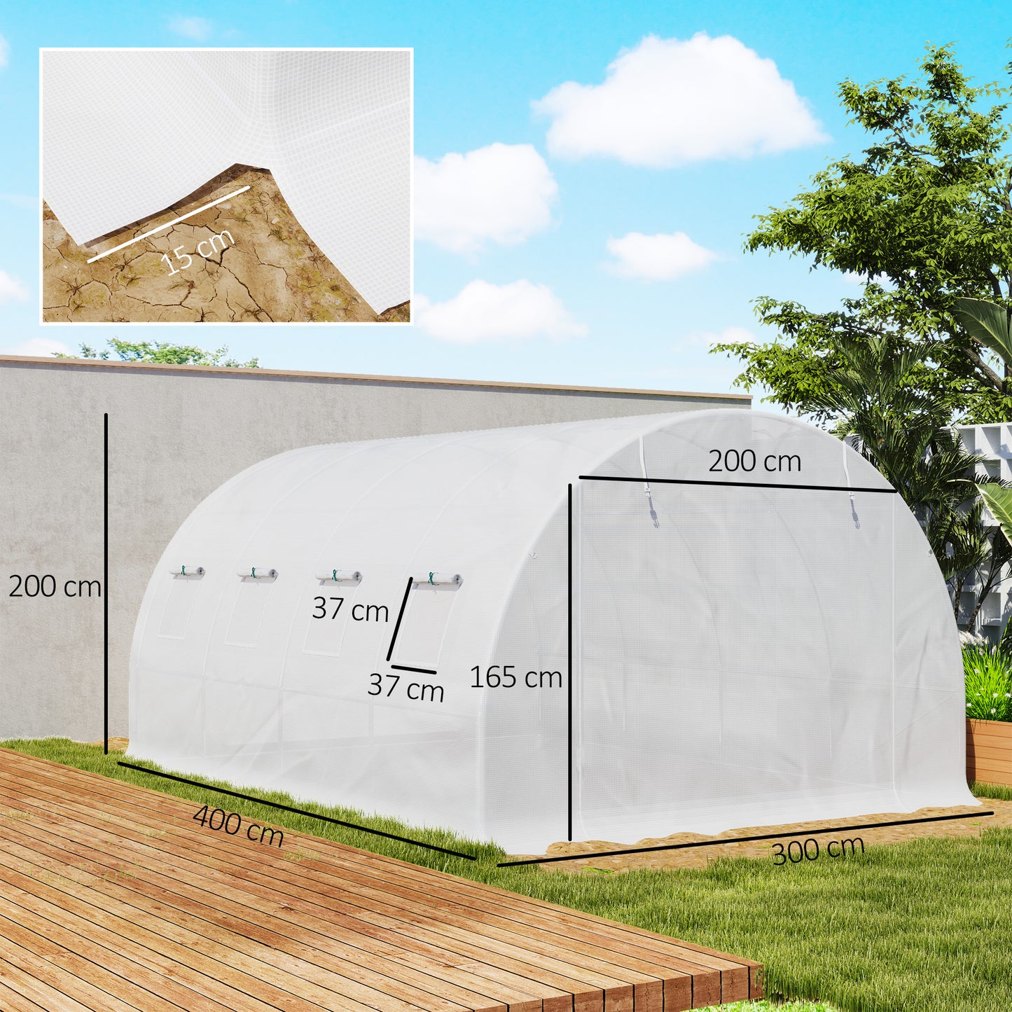 Outsunny 4x3x2m Polytunnel Replacement Greenhouse Cover White PE Mesh With Roll Up Windows And Door
