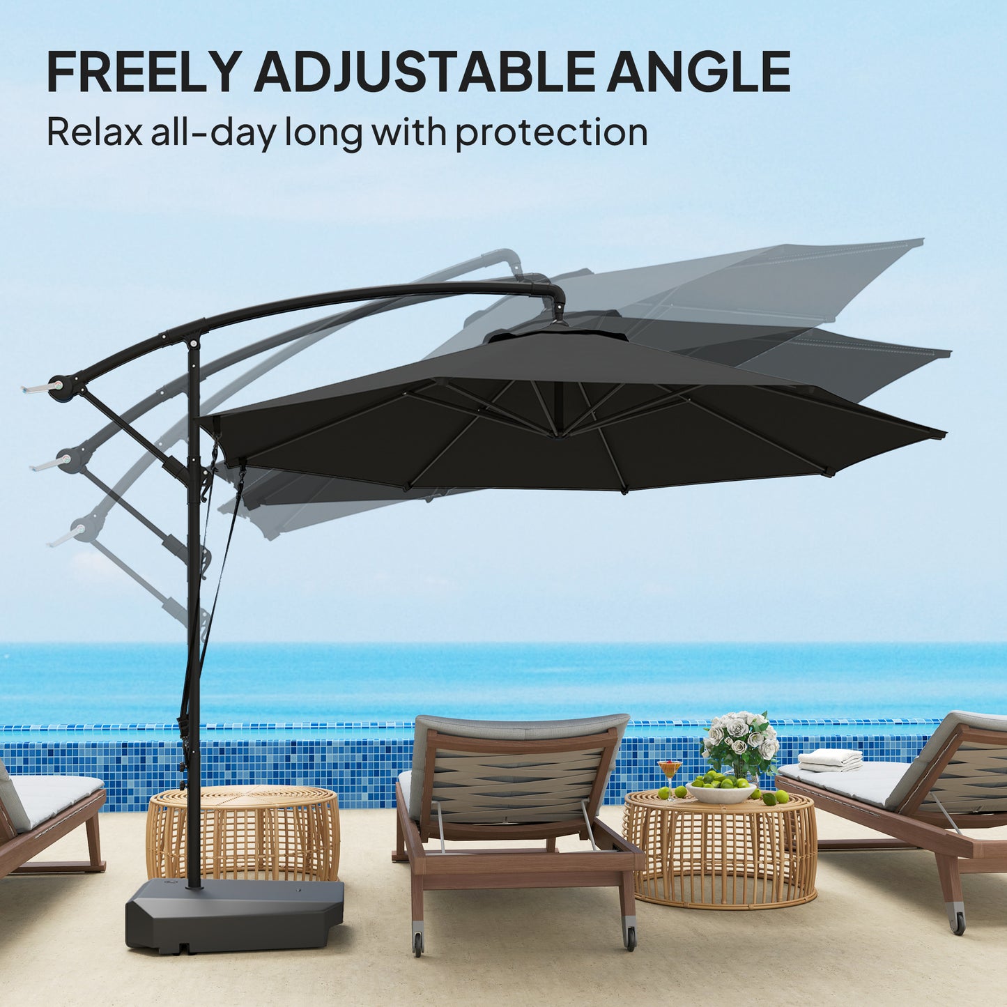 Outsunny 3M Cantilever Garden Parasol With 90kg Fillable Base Wind Straps Cover Crank Tilt UPF50 Grey