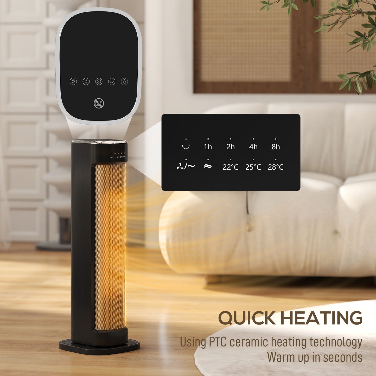 HOMCOM 2000W Ceramic Electric Heater With 3 Heat Settings Timer And Overheat And Tip Over Protection Black