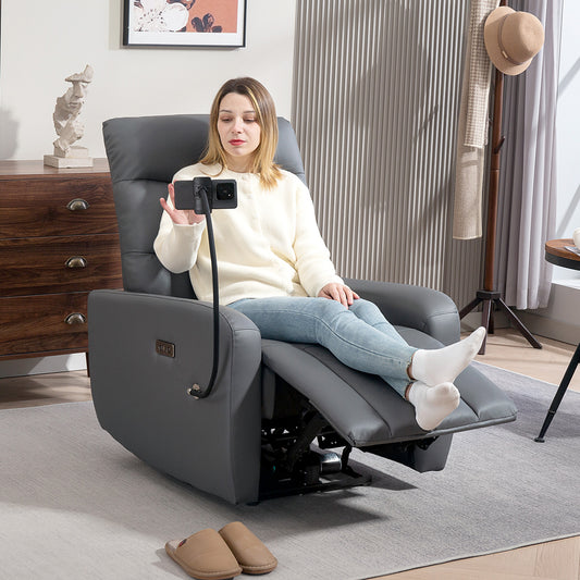 HOMCOM Electric Recliner With USB And Type C Ports, Phone Holder, PU Leather, Adjustable Leg Rest, Grey For Living Room