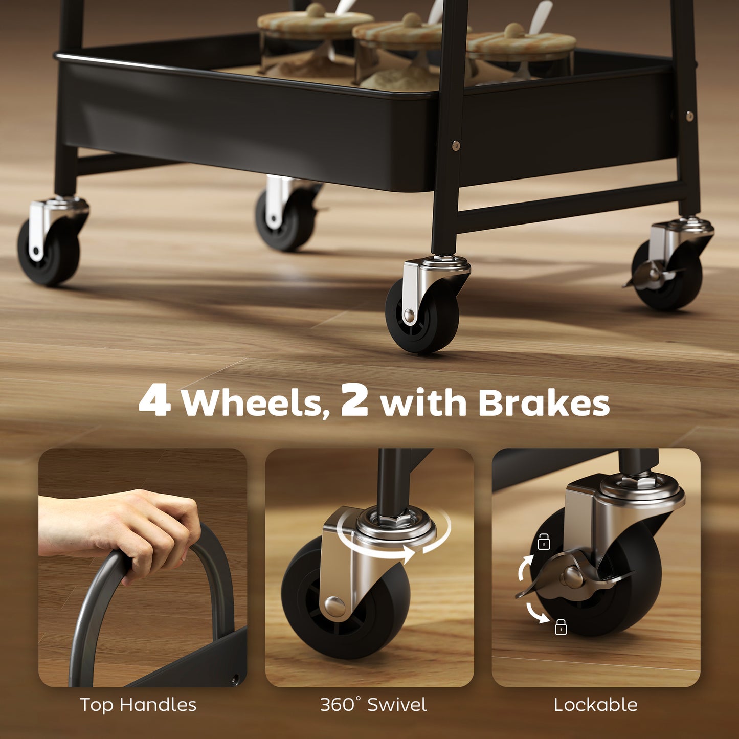 HOMCOM 3 Tier Kitchen Storage Trolley On Wheels With Cover Top Board Rustic Brown And Black