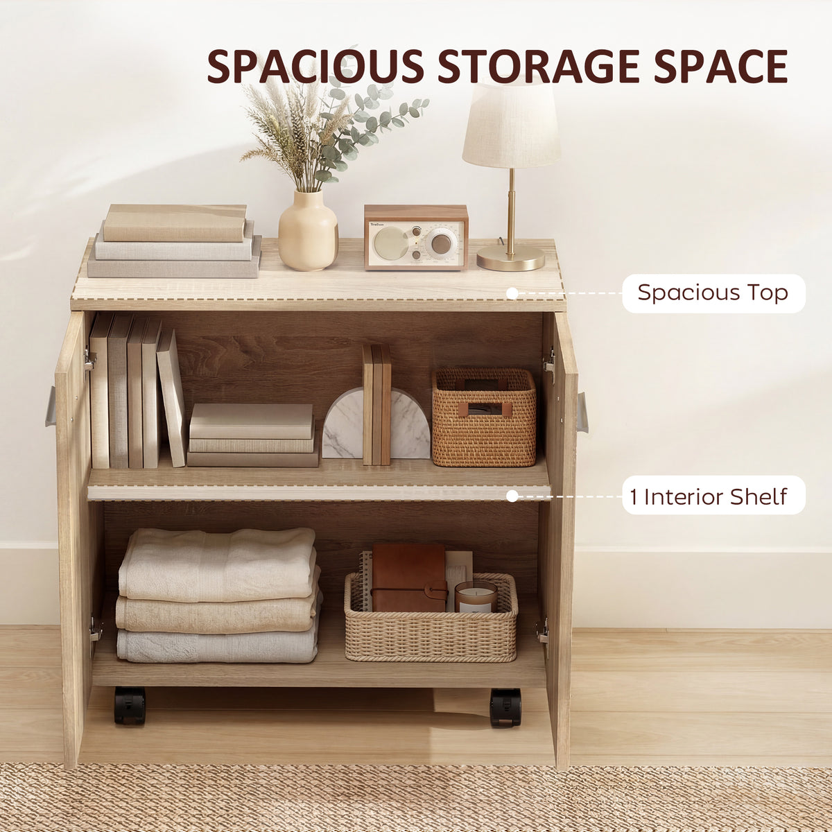 Mobile sideboard cabinet with 2 doors open, shows top and interior shelf storage
