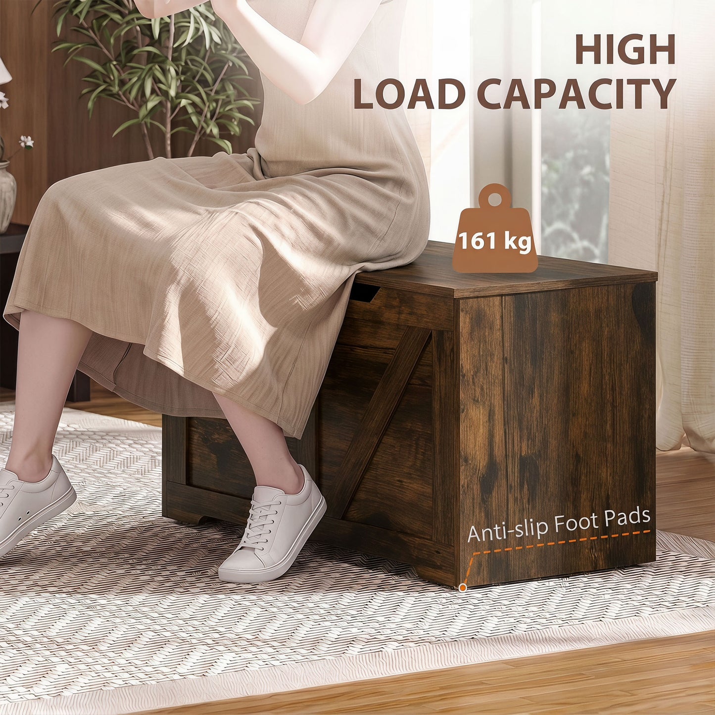 HOMCOM 100L Storage Box With Safety Hinge Rustic Brown Wood Effect Bench Trunk For Home Organization