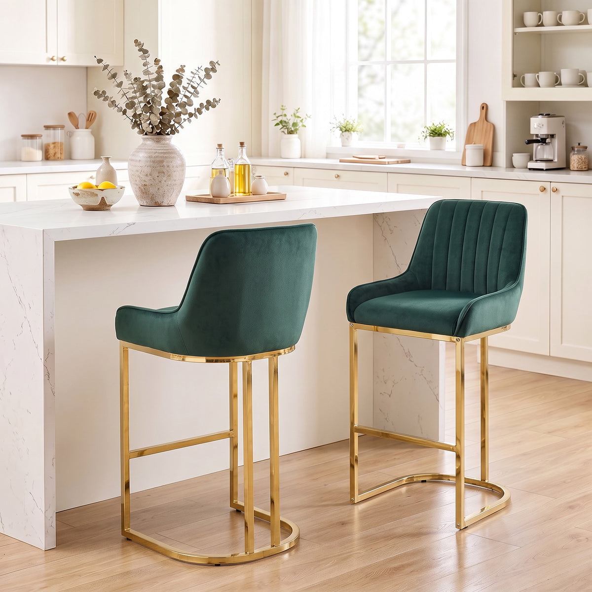 Set of two dark green velvet bar stools with backrests and gold curved base