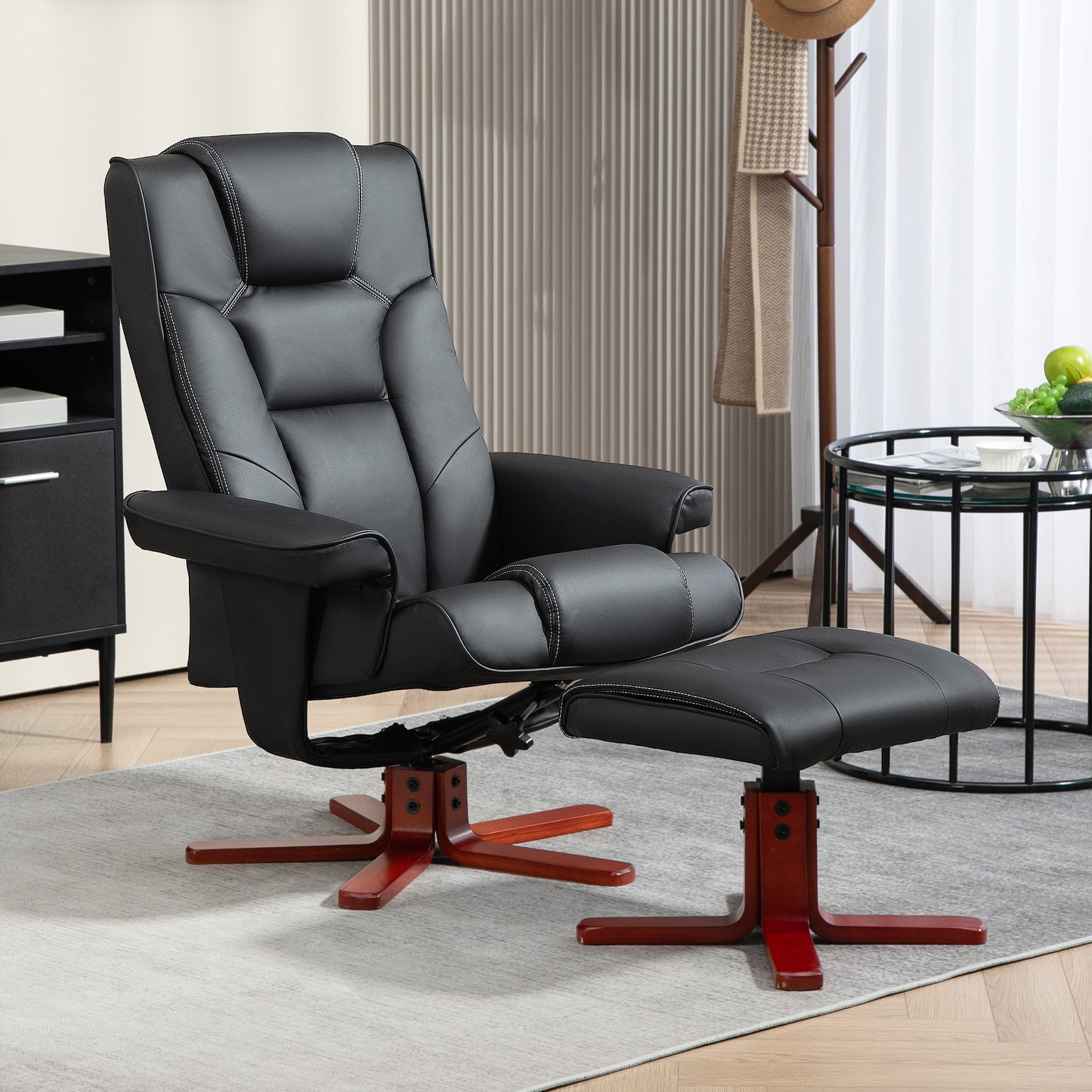 HOMCOM Black Faux Leather Reclining Armchair with Footstool - Manual Adjustments - ALL4U RETAILER LTD