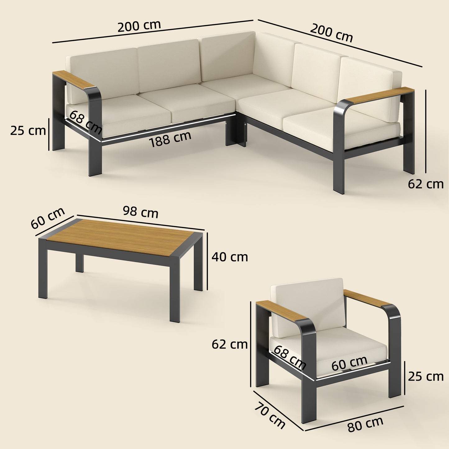 Outsunny 3 Pieces Garden Furniture Set With L-Shaped Sofa, Armchair And Coffee Table Aluminium Outdoor Corner Sofa Set