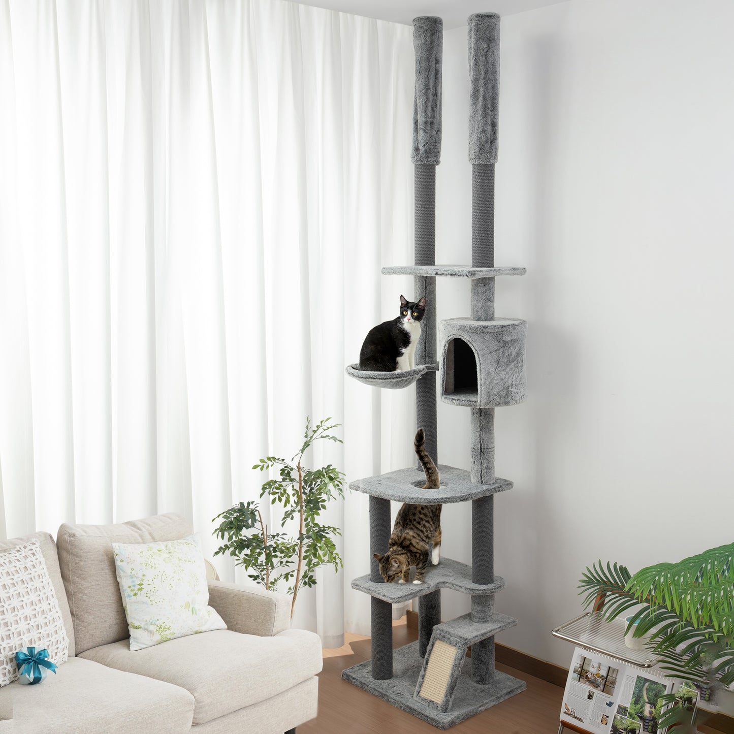 PawHut Adjustable Height Cat Tower with Scratching Posts, Condo, and Ramp - Floor-to-Ceiling Design