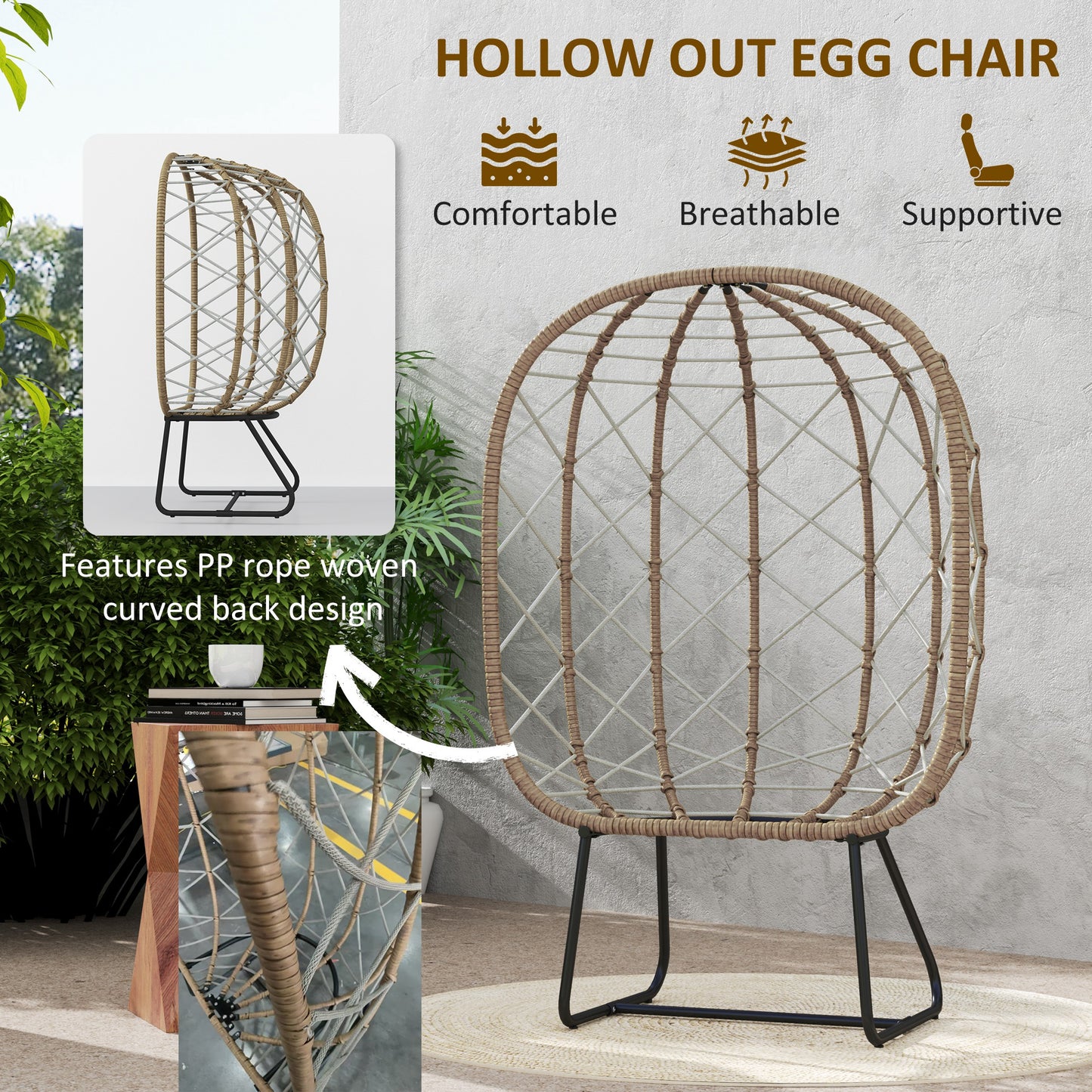 Outsunny Rattan Egg Chair With Thick Cushion And Headrest, Standing Garden Wicker Chair, Metal Frame For Patio Balcony