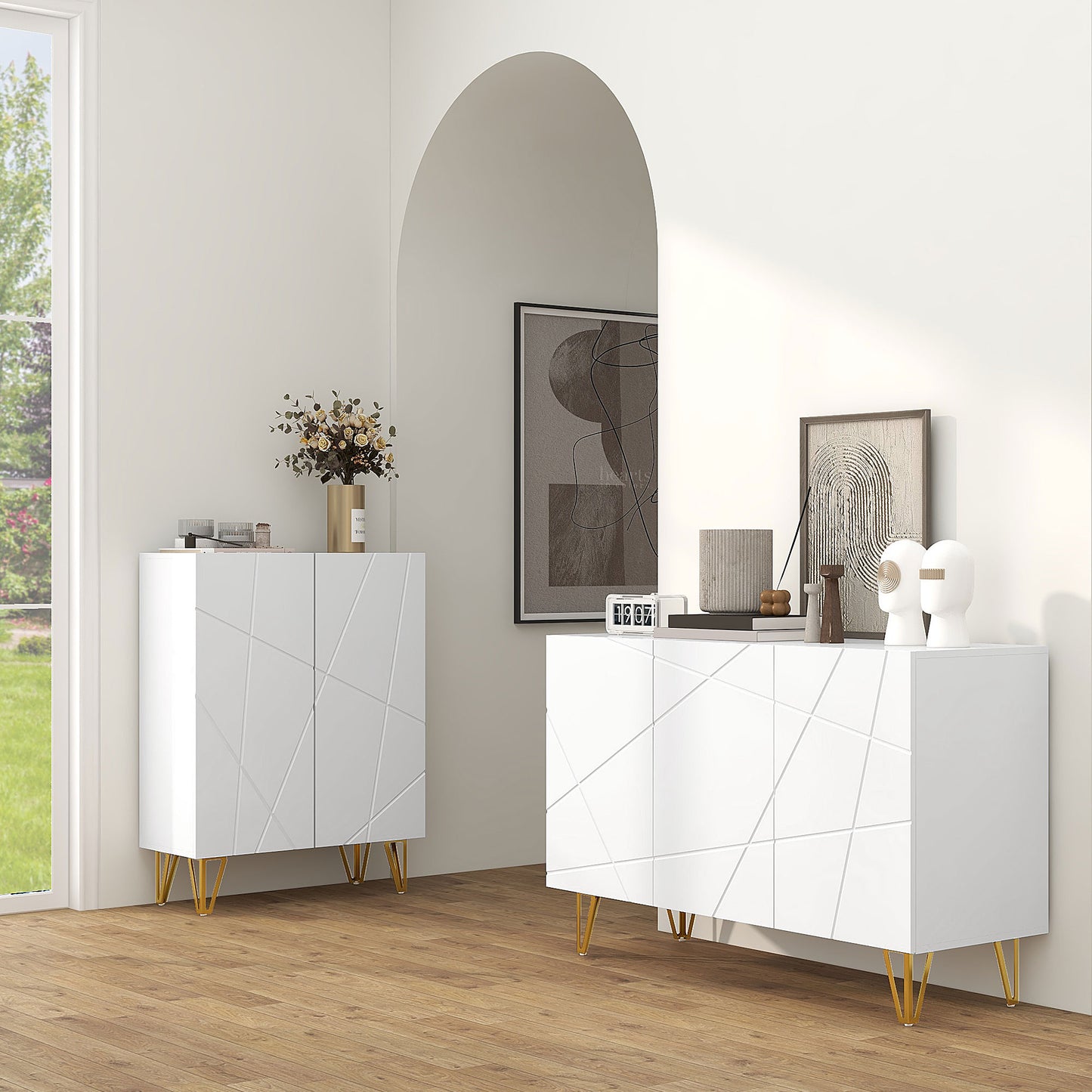 HOMCOM Elegant High Gloss Freestanding Sideboard with Adjustable Shelves and Gold Hairpin Legs - Storage Cabinet - ALL4U RETAILER LTD