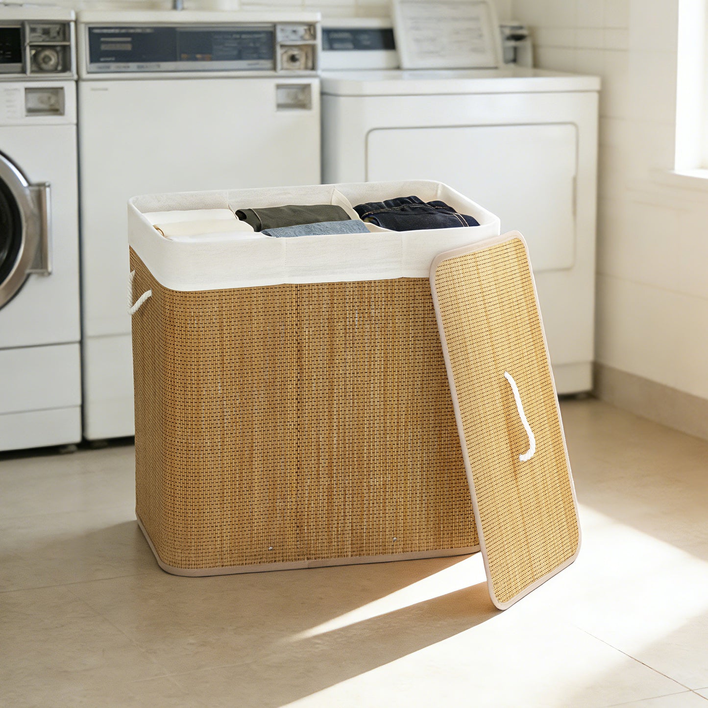 HOMCOM 3 Section Laundry Basket with Lid 144L Brown Bamboo Hamper with Handles Removable Washable Liner