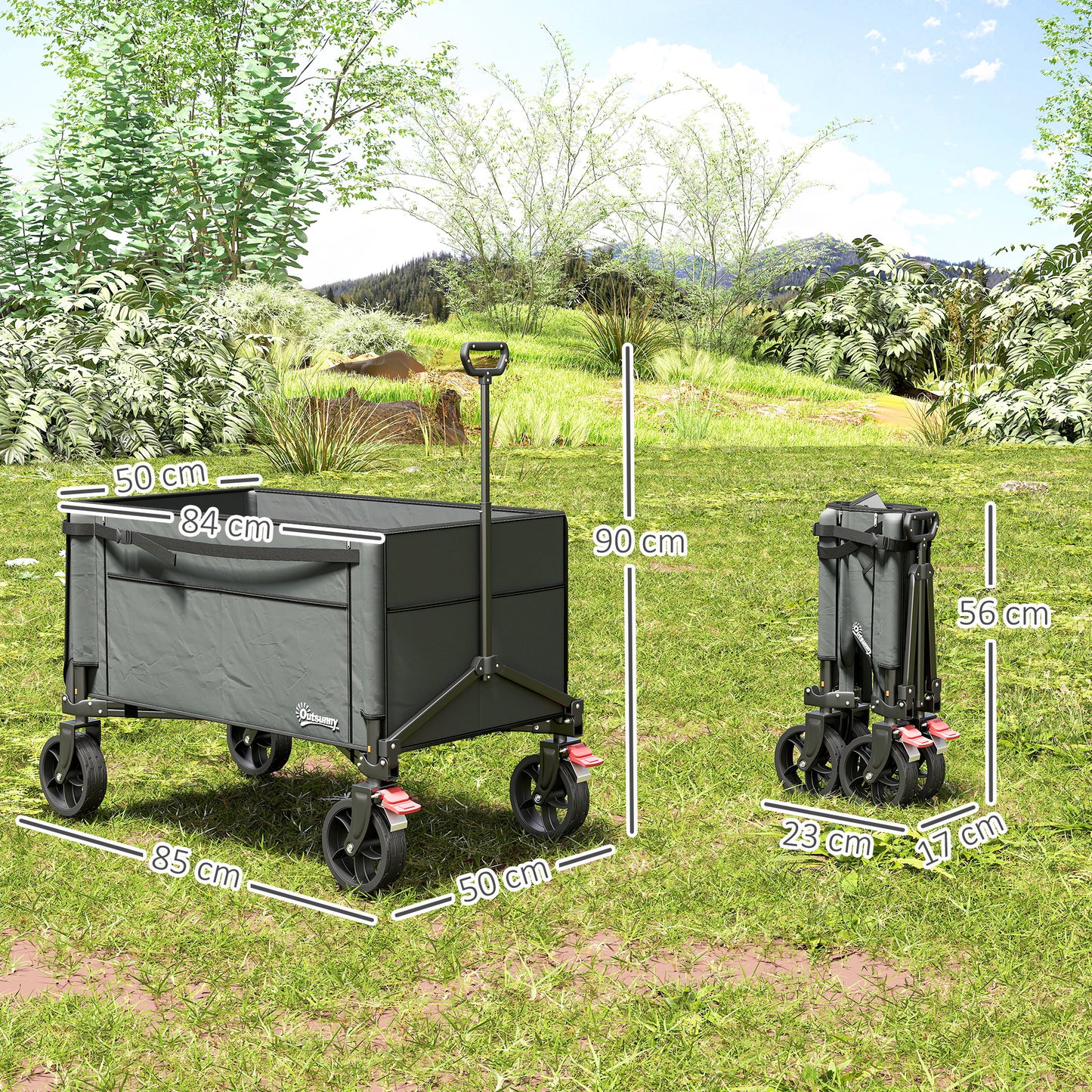 Outsunny 150L Folding Camping Trolley Cart Openable Sides Adjustable Handle Brakes for Shopping, Beach, Garden, Fishing