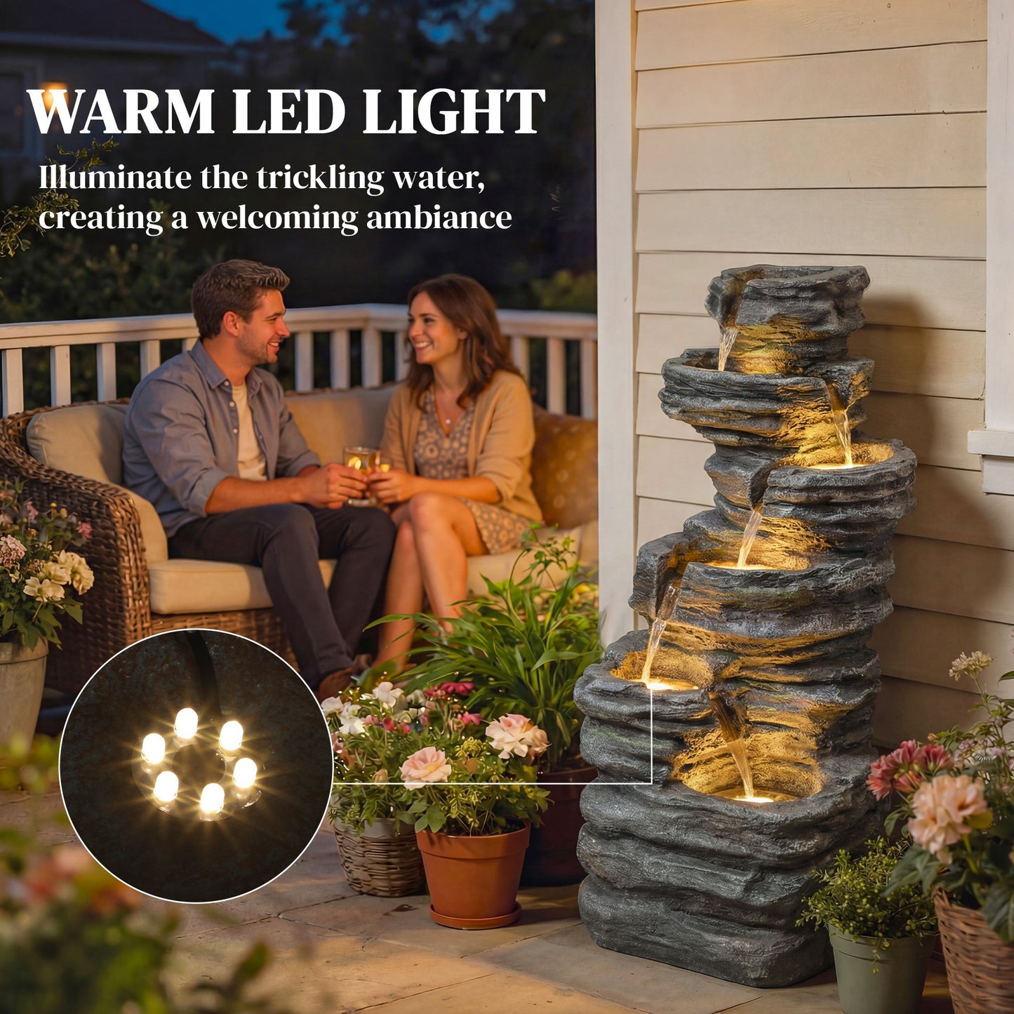 Outsunny 6 Tier Cascading Garden Fountain LED Lights Resin Freestanding Grey Outdoor Water Feature