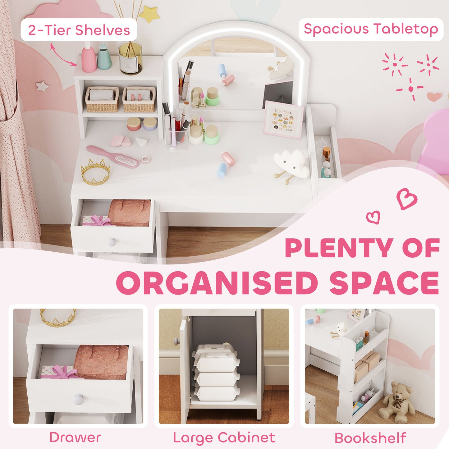 AIYAPLAY Girls Dressing Table And Chair Set With 2 Colour LED Mirror Stool Cabinet Drawers And Shelves White